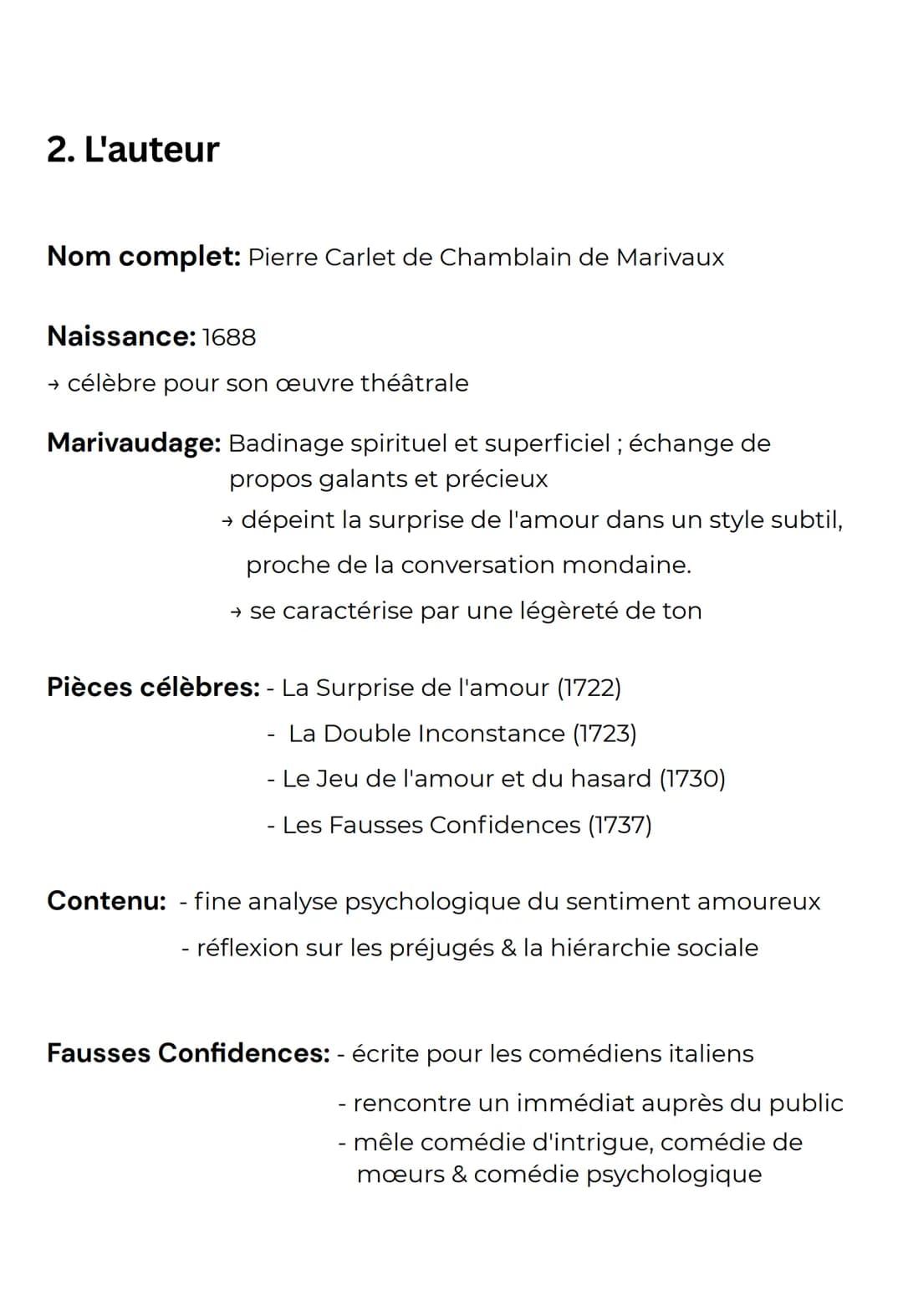 LES FAUSSES
fiche pour la
dissertation
CONFIDENCES @esmeralda_476
1. Une vue globale
Auteur: Marivaux
Parcours: Théâtre & stratagème
Thèmes: