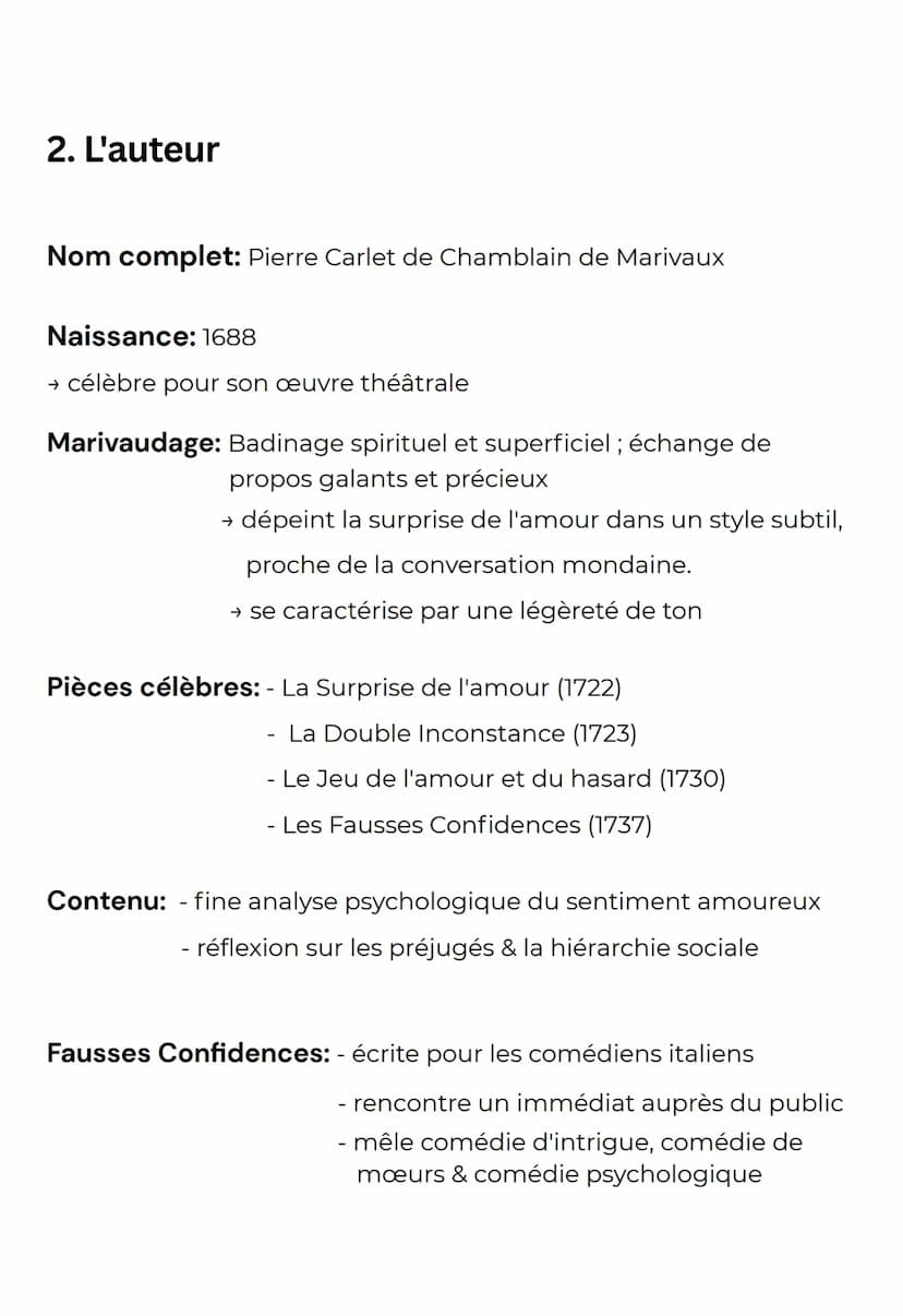 LES FAUSSES
fiche pour la
dissertation
CONFIDENCES @esmeralda_476
1. Une vue globale
Auteur: Marivaux
Parcours: Théâtre & stratagème
Thèmes: