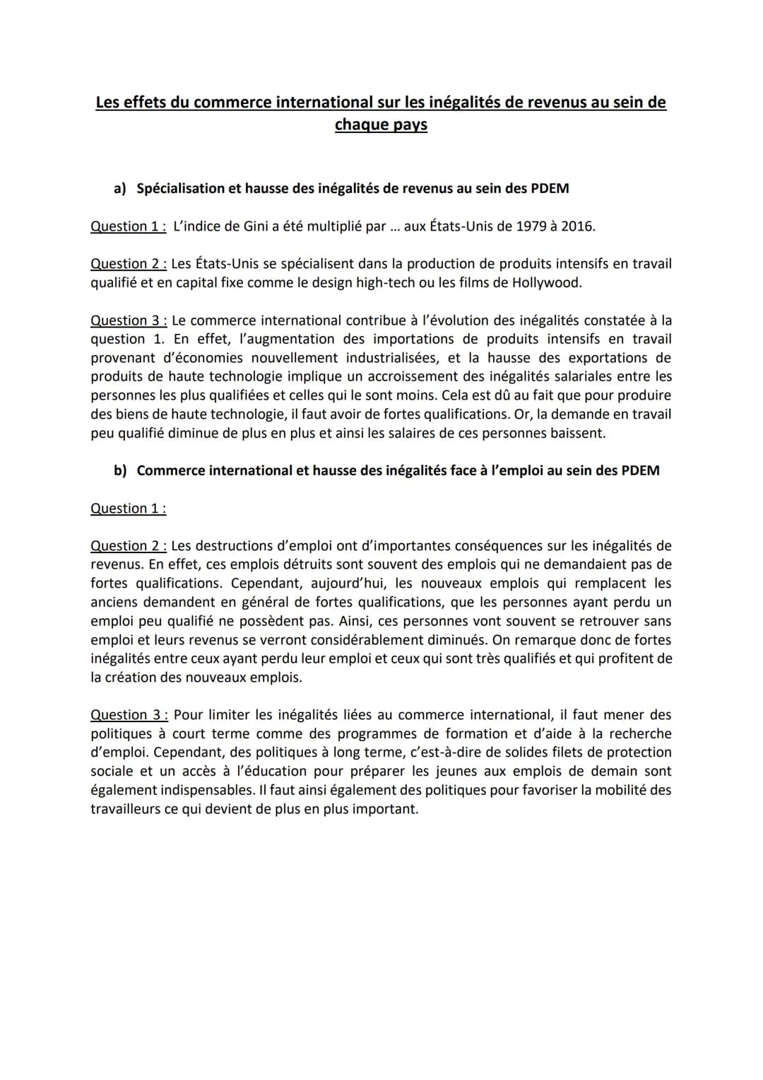 Les effets du commerce international sur les inégalités de revenus au sein de
chaque pays
a) Spécialisation et hausse des inégalités de reve