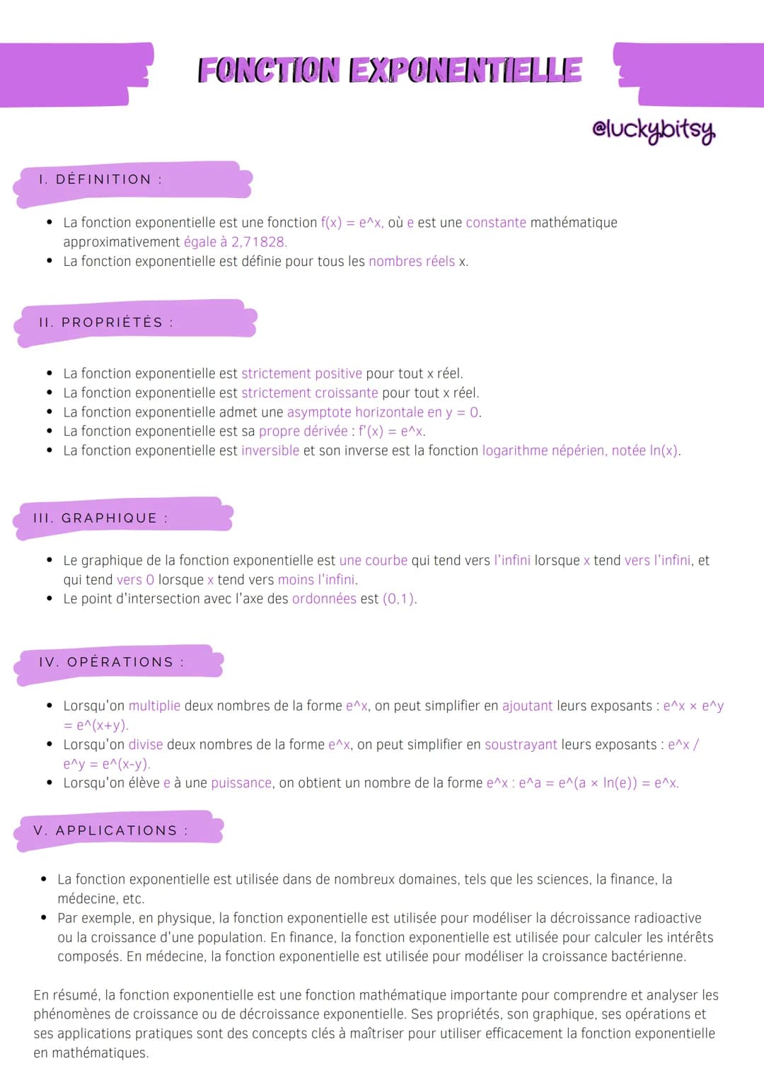 I. DÉFINITION:
II. PROPRIÉTÉS :
• La fonction exponentielle est une fonction f(x) = e^x, où e est une constante mathématique
approximativeme