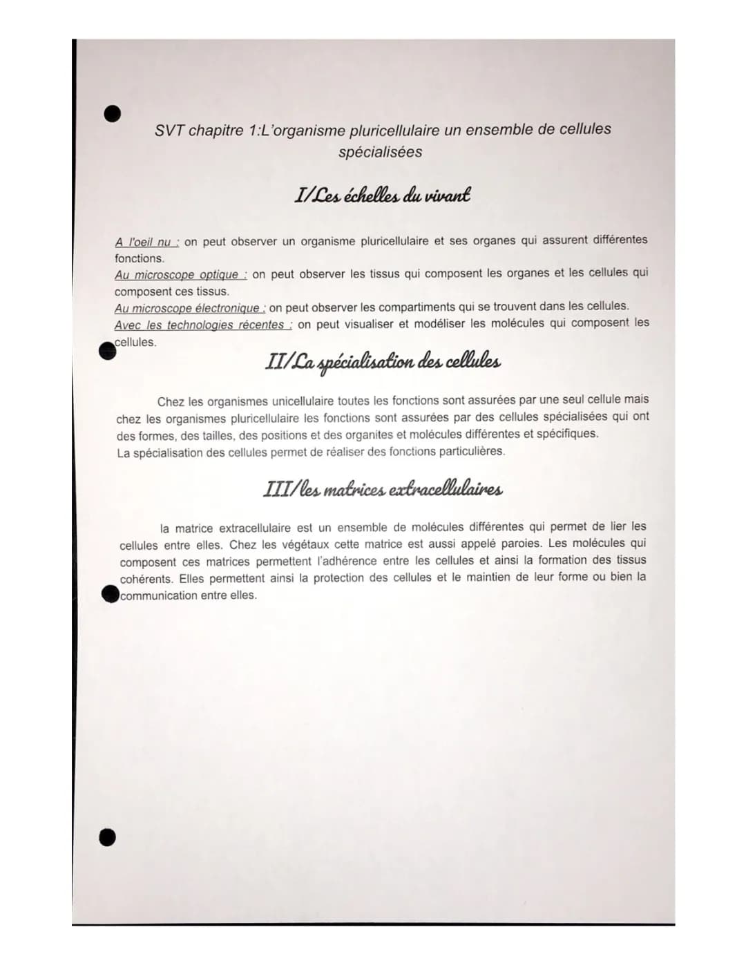 Comprendre l'organisme pluricellulaire - Fiche de révision SVT Seconde