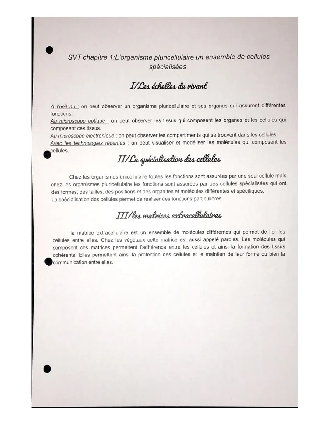 SVT chapitre 1:L'organisme pluricellulaire un ensemble de cellules
spécialisées
I/Les échelles du vivant
A l'oeil nu: on peut observer un or