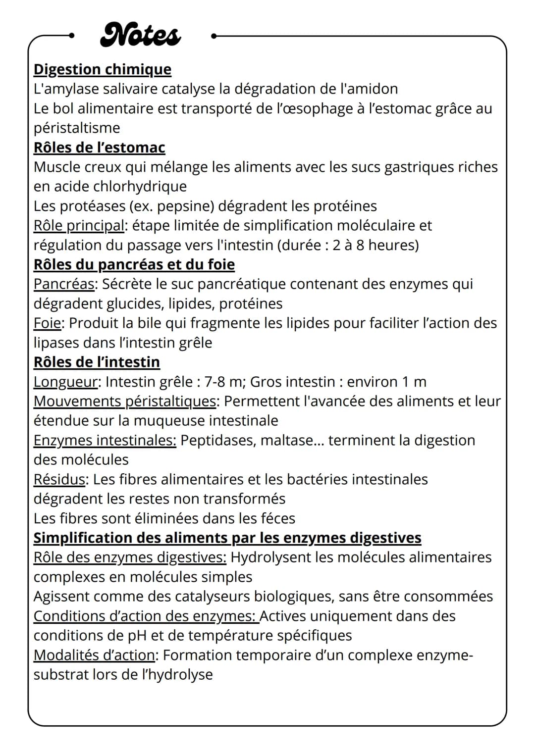 Notes
Digestion des aliments
Glandes
salivaires
Bouche
mécanique
•
⚫ chimique
Esophage
•
biologique
Pancréas
Estomac
(suc
pancréatiques)
Int