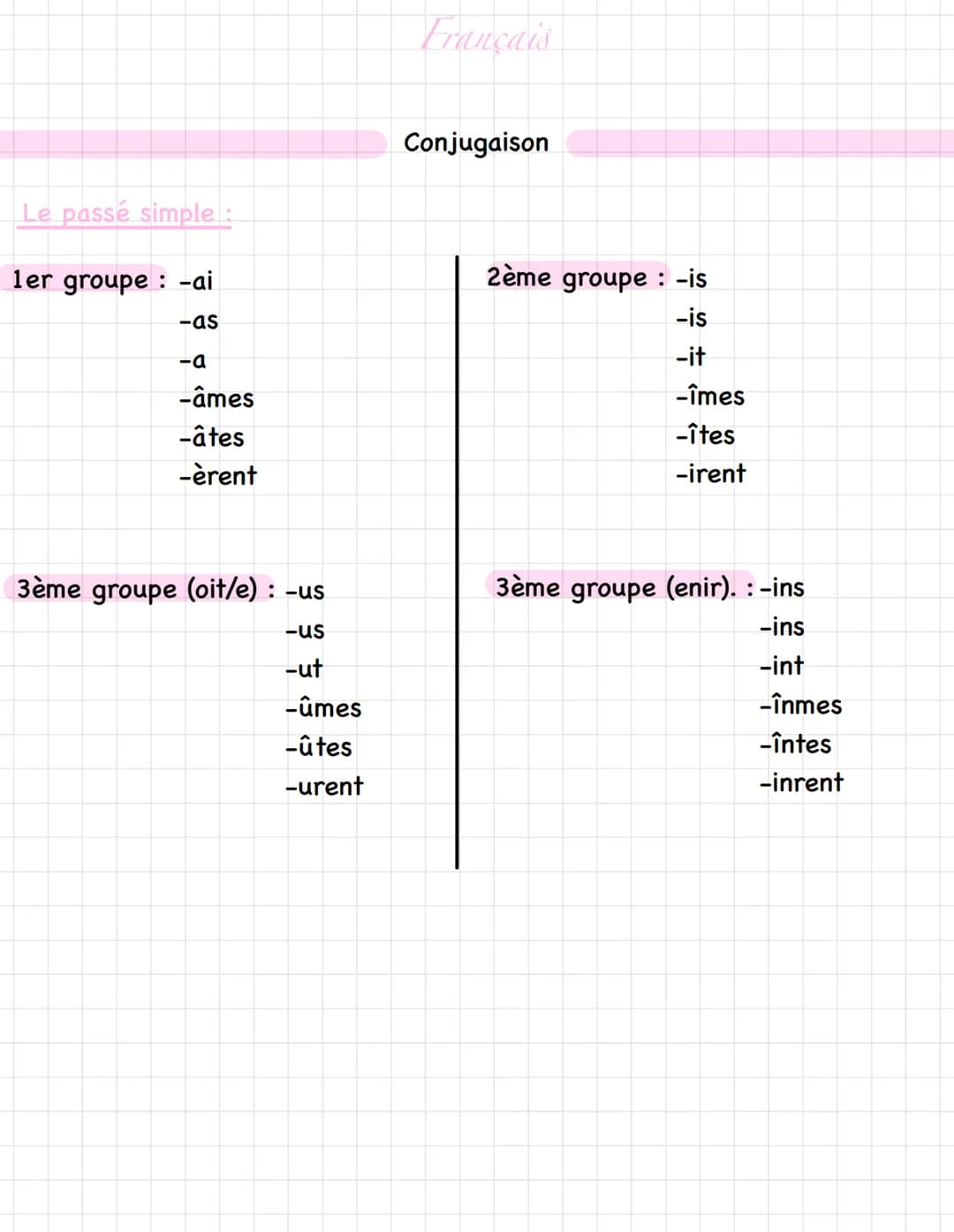 Le passé simple:
1er groupe: -ai
-as
-a
-âmes
-âtes
-èrent
3ème groupe (oit/e): -us
-us
-ut
-ûmes
-ûtes
-urent
Français
Conjugaison
2ème gro