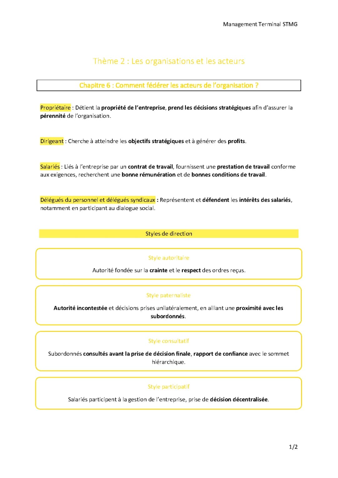 Chapitre 11 : Les différents acteurs de l'organisation et leur rôle - Fiche de révision Management Terminale STMG PDF