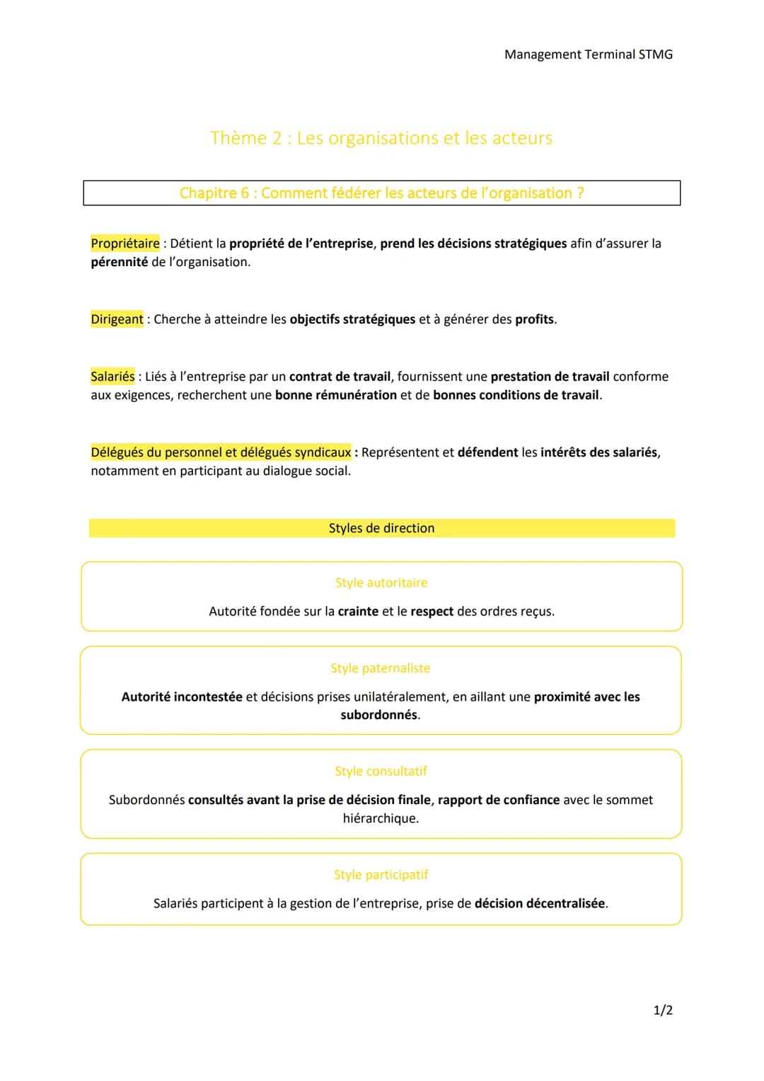 Management Terminal STMG
Thème 2 : Les organisations et les acteurs
Chapitre 6: Comment fédérer les acteurs de l'organisation?
Propriétaire 