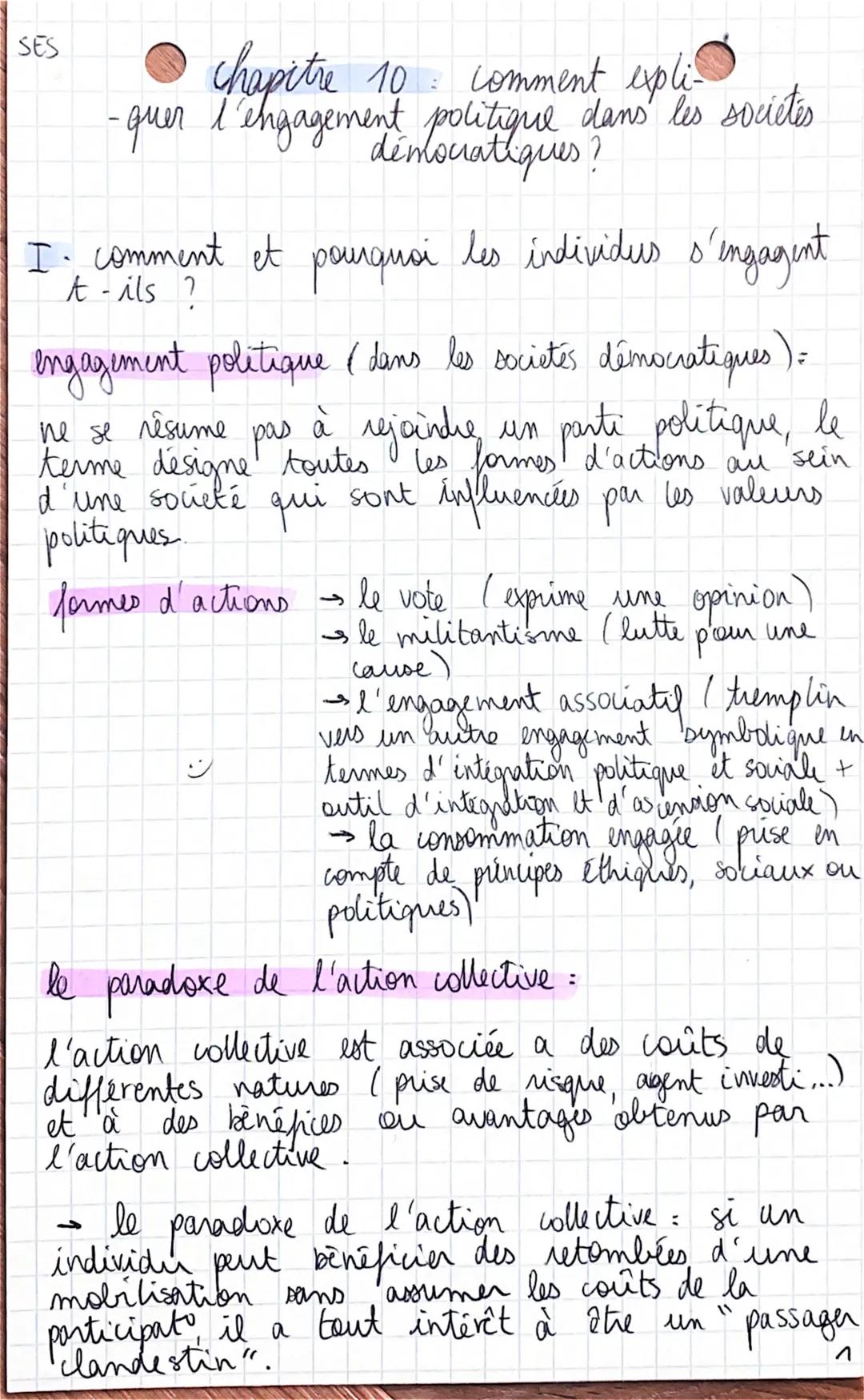 SES
:
chapitre 10 comment expli-
-quer l'engagement politique dans les sociétés
démocratiques?
I. comment et pourquoi les individus s'engage