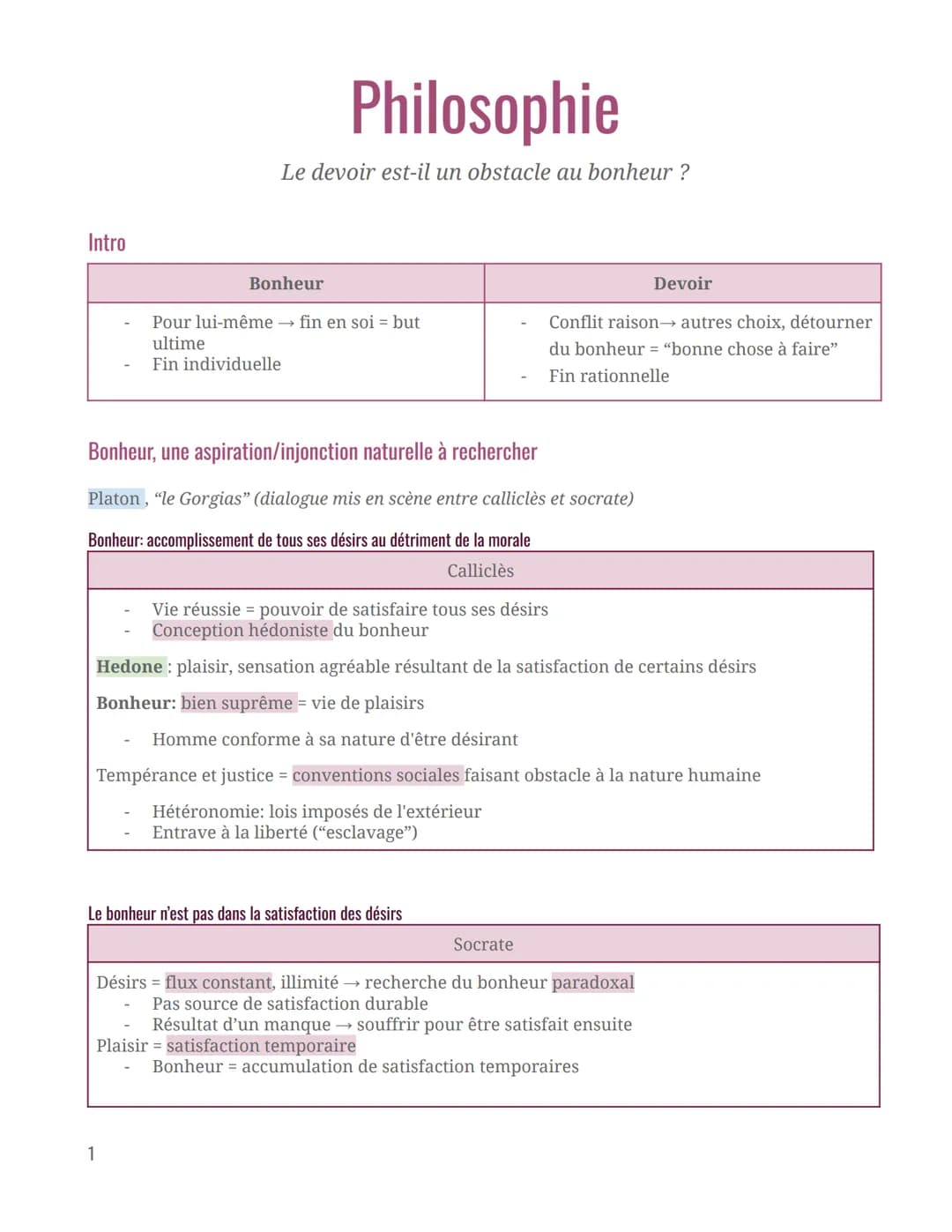 Intro
Philosophie
Le devoir est-il un obstacle au bonheur ?
Bonheur
Pour lui-même →fin en soi = but
ultime
Fin individuelle
Devoir
Conflit r
