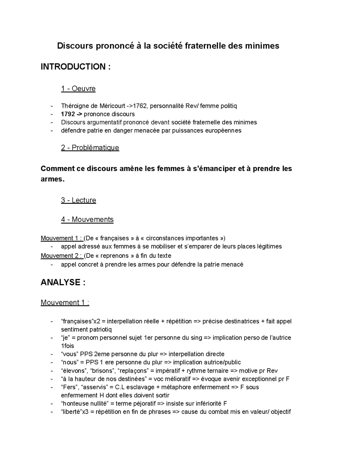 Analyse linéaire du Discours à la Société Fraternelle des Minimes par Théroigne de Méricourt