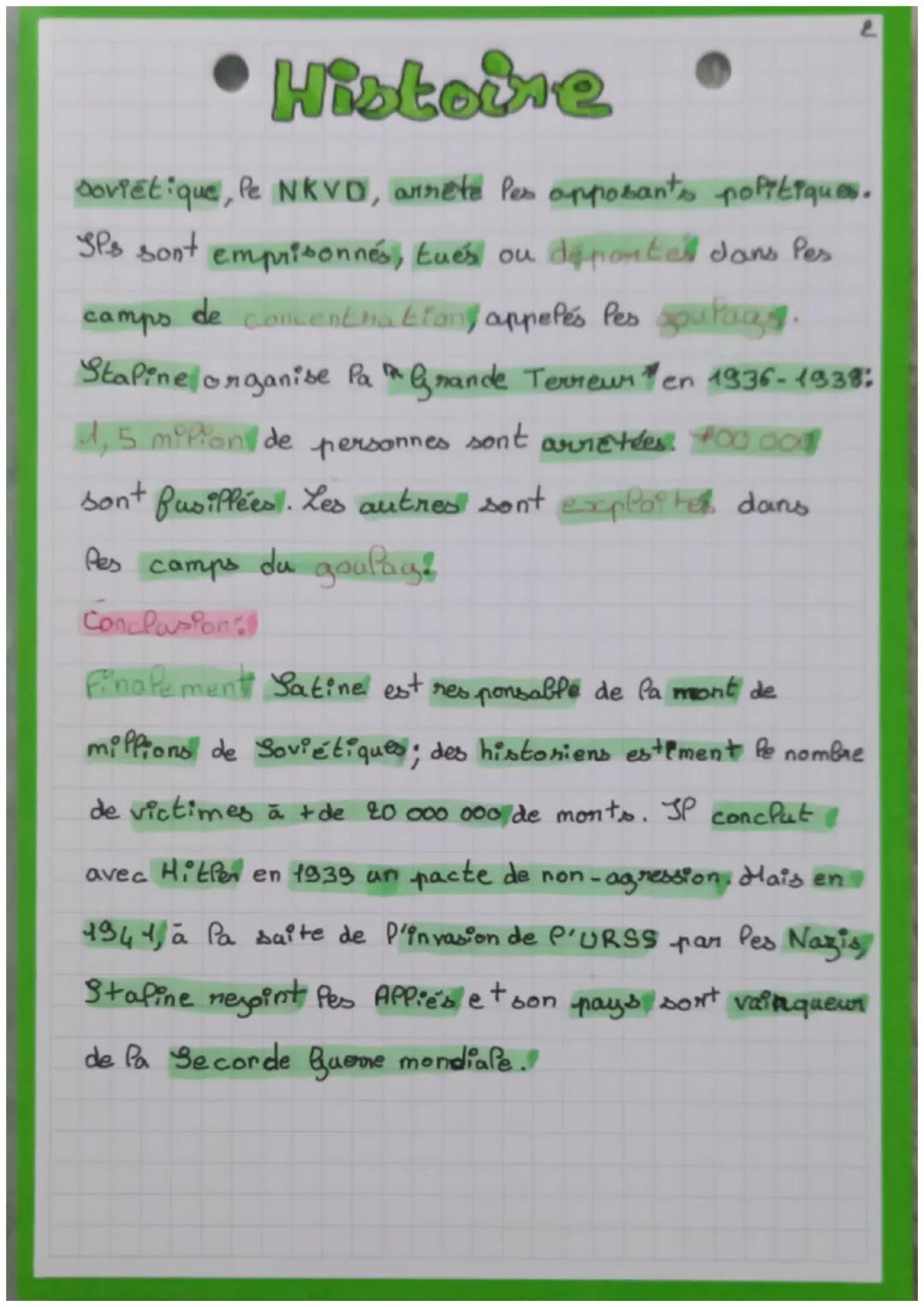 Histoire
Introduction 2
Staline dinige P'URSS de 1924 à 1953.5
met en
place Pe communisme qui est une
dictature totalitaine. Quel sont les a