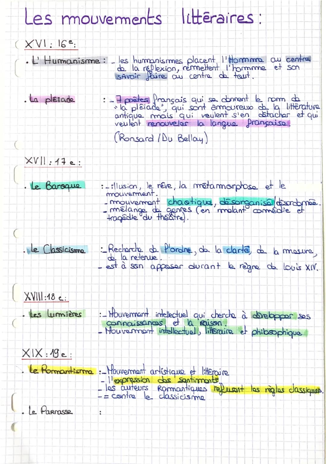 Les mouvements
XVI: 16:
L'Humanisme :
plazade ما .
XVII: 17:
· Le Baroque
littéraires :
ין
les humanismes placent l'Homme au centra
de la ré