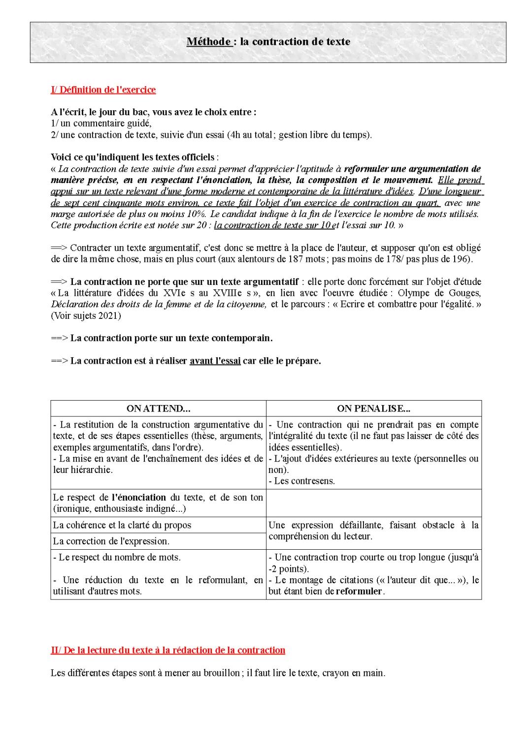 Exercices de contraction de texte avec corrigés en PDF