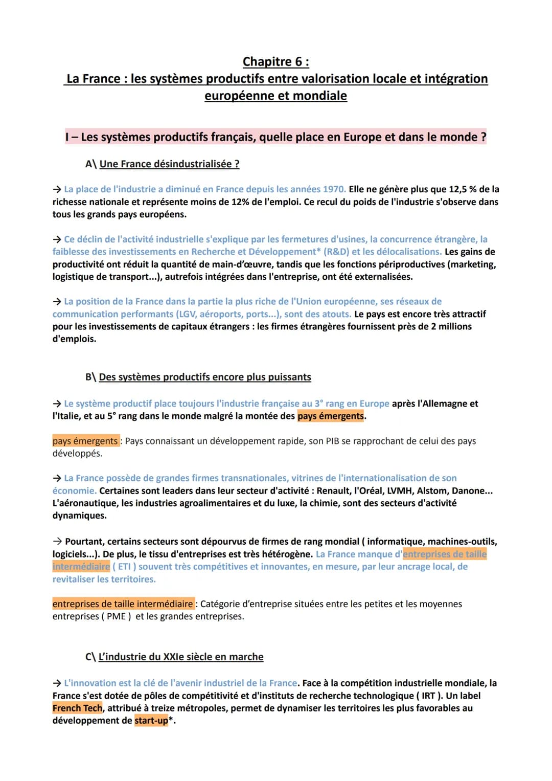 Chapitre 6:
La France : les systèmes productifs entre valorisation locale et intégration
européenne et mondiale
I - Les systèmes productifs 
