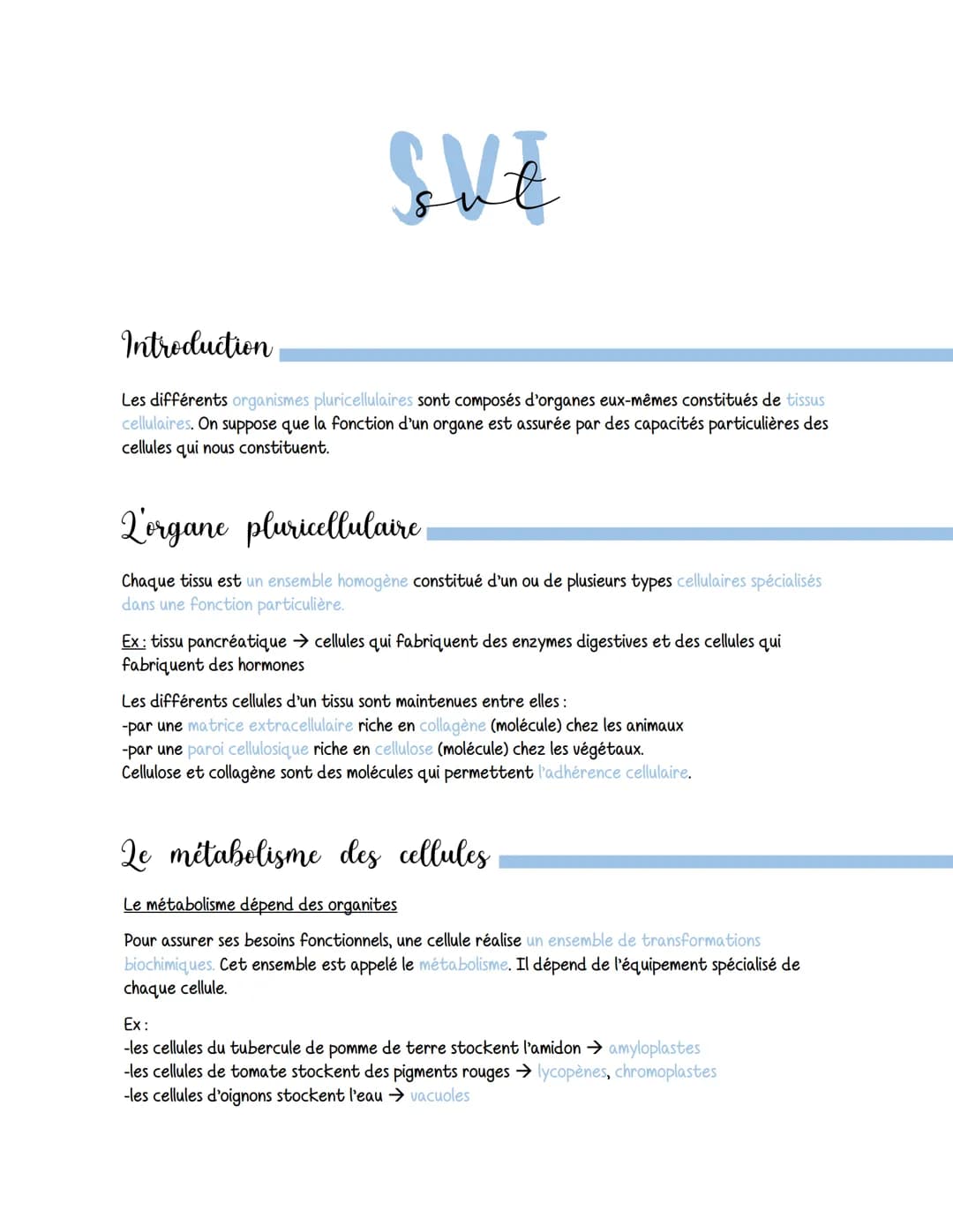 SVE
Introduction
Les différents organismes pluricellulaires sont composés d'organes eux-mêmes constitués de tissus
cellulaires. On suppose q