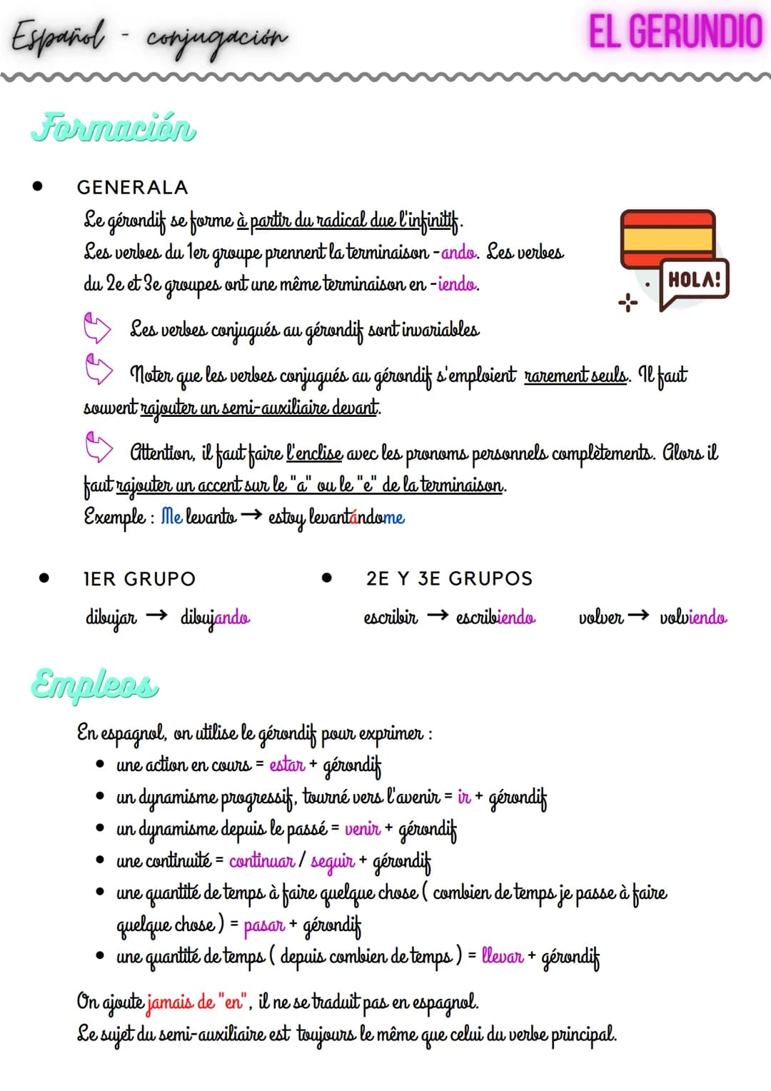 Español - conjugación
Formación
●
GENERALA
Le gérondif se forme à partir du radical due l'infinitif.
Les verbes du 1er groupe prennent la te