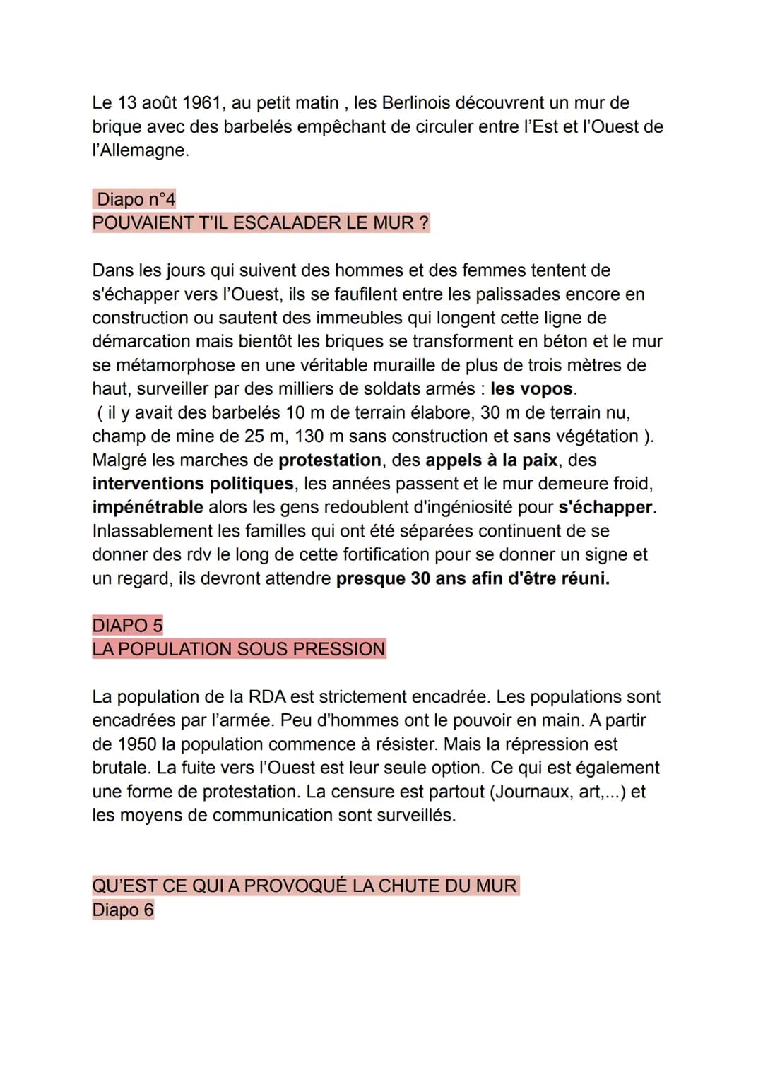 Diapo 1
Plan
DIAPO N°2
QUAND ET POURQUOI CE MUR ?
Au lendemain de la seconde guerre mondiale, l'Allemagne et sa capitale sont
divisées en qu