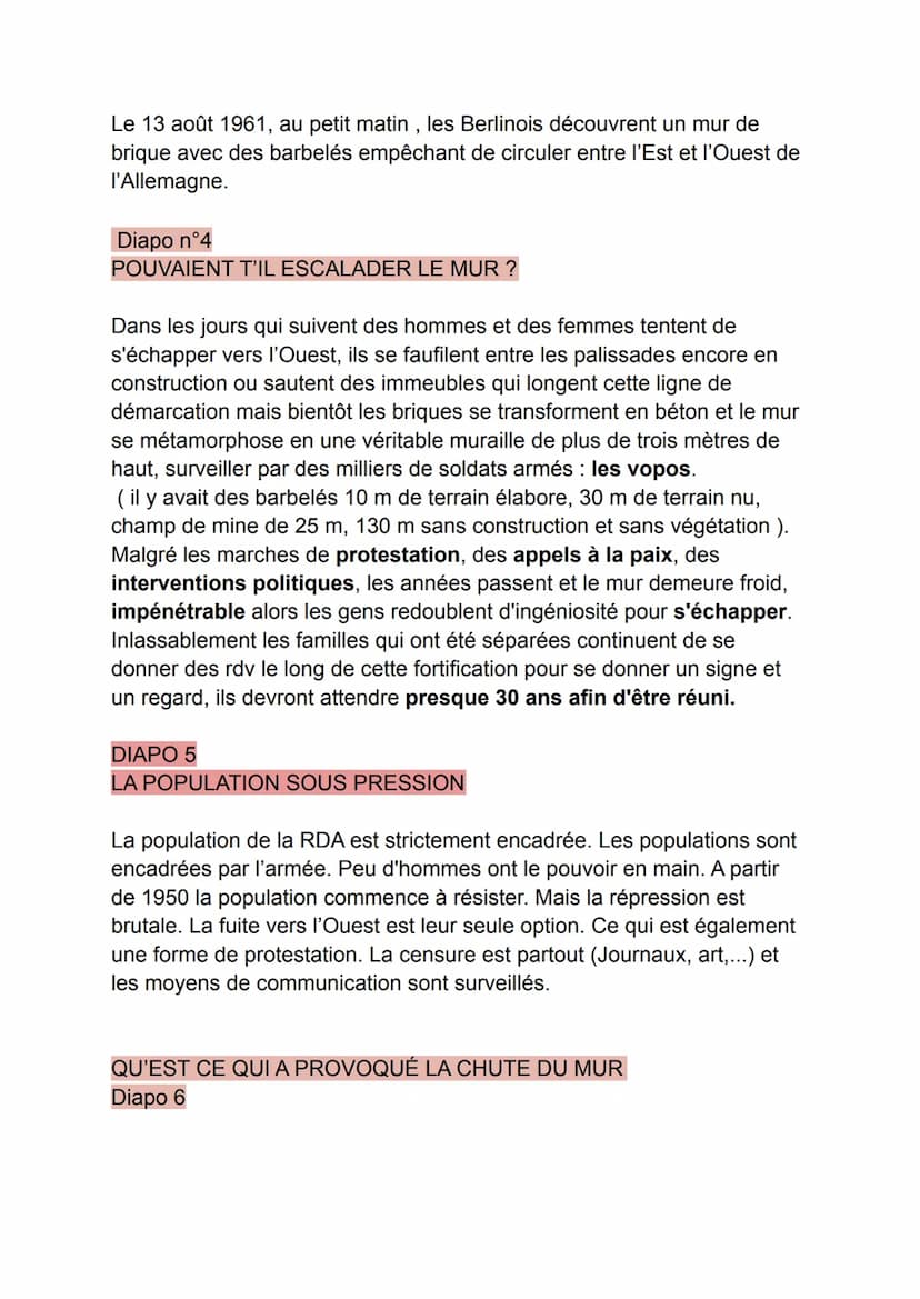 Diapo 1
Plan
DIAPO N°2
QUAND ET POURQUOI CE MUR ?
Au lendemain de la seconde guerre mondiale, l'Allemagne et sa capitale sont
divisées en qu