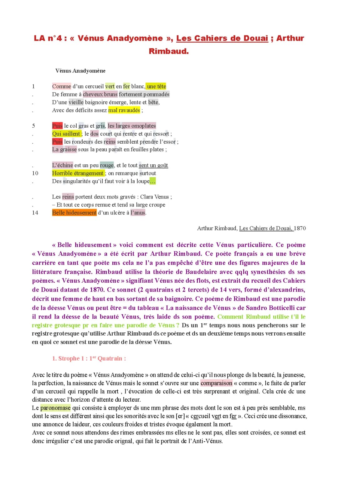 Analyse linéaire de Vénus Anadyomène Rimbaud | PDF, Texte, Date, Problématique