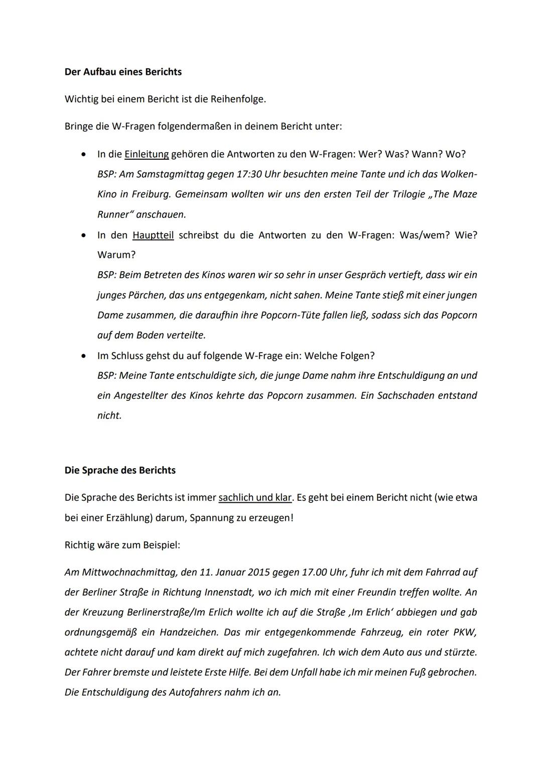 # Ein Bericht schreiben

(Deutsch - Klasse 5/6)

Merkmale eines Berichts

- Ein Bericht ist ein Text, der sachlich und objektiv ein Geschehe