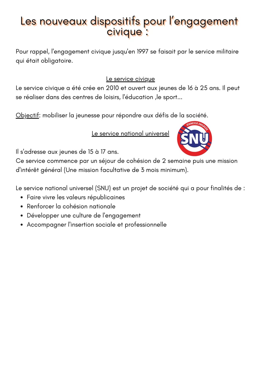 Les nouveaux dispositifs pour l'engagement
civique:
Pour rappel, l'engagement civique jusqu'en 1997 se faisait par le service militaire
qui 