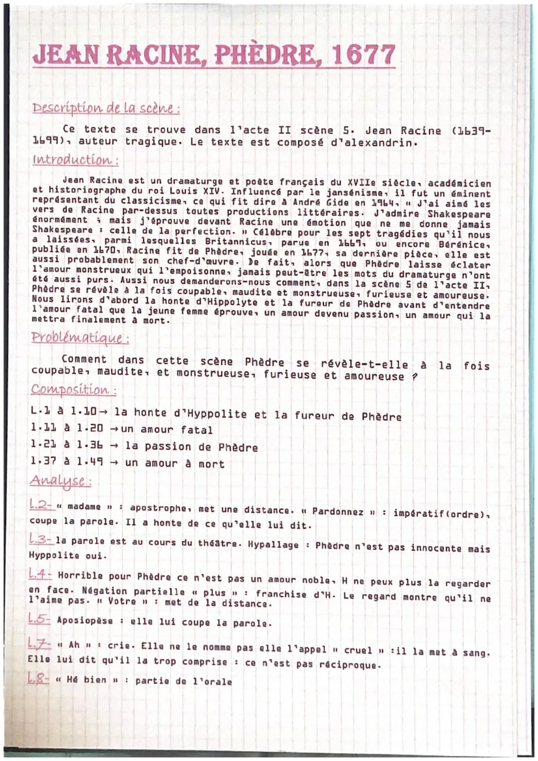JEAN RACINE, PHÈDRE, 1677
Description de la scène :
Ce texte se trouve dans l'acte II scène 5. Jean Racine (1639-
1699), auteur tragique. Le