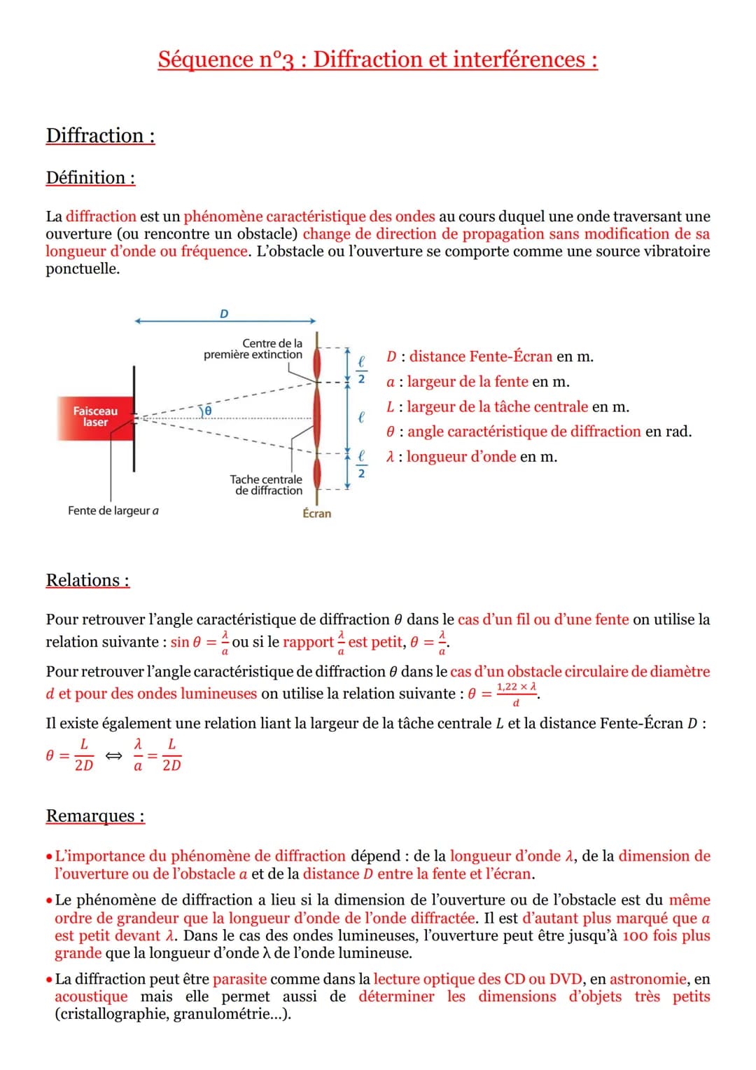 Diffraction :
Définition :
La diffraction est un phénomène caractéristique des ondes au cours duquel une onde traversant une
ouverture (ou r