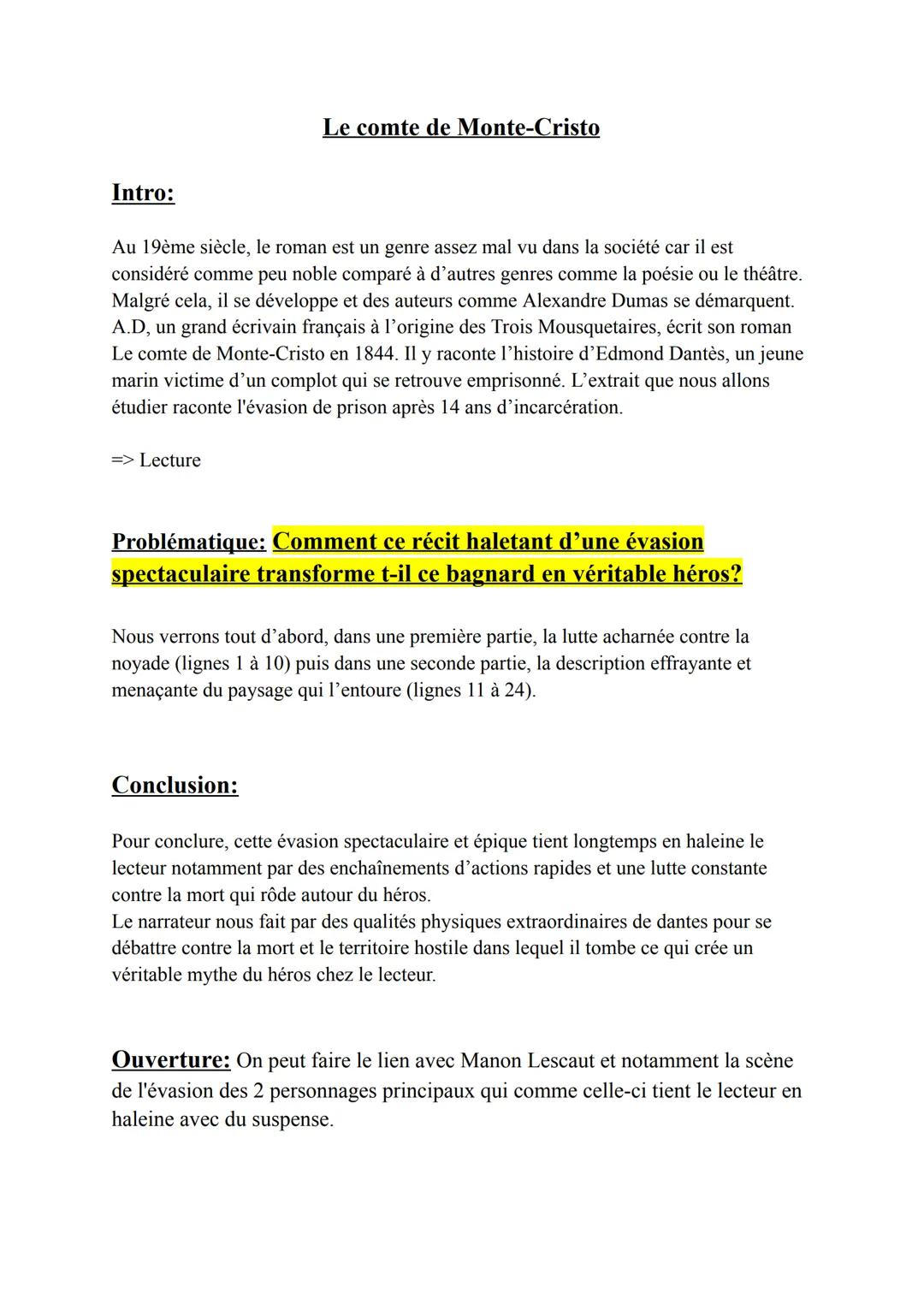 Intro:
Le comte de Monte-Cristo
Au 19ème siècle, le roman est un genre assez mal vu dans la société car il est
considéré comme peu noble com