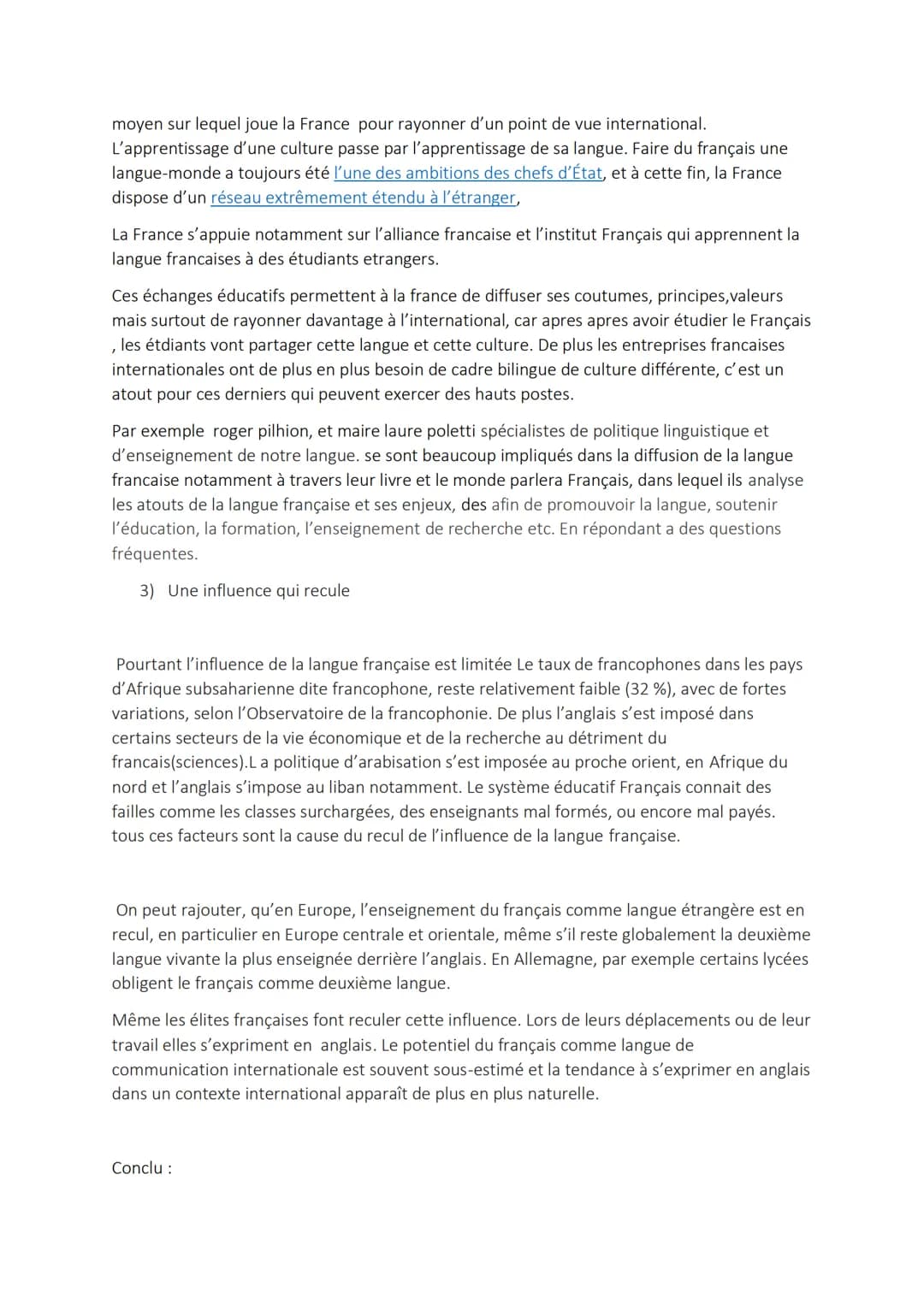 Exposé géo : la francophonie
Intro: Le Français est la 6eme langue parlée au monde, avec 300millions de locuteurs
environ. La notoriété cult