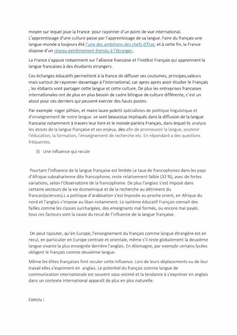 Exposé géo : la francophonie
Intro: Le Français est la 6eme langue parlée au monde, avec 300millions de locuteurs
environ. La notoriété cult