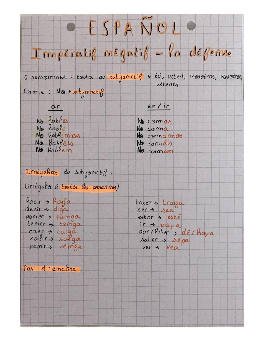 ESPAÑOL

Impératif positif -

5 persommes à impératif (2) tú, vosotros
αυ
P'ordre
• subfamctif (3) usted, masatras, ustedes.

-ar

-er/ir

c