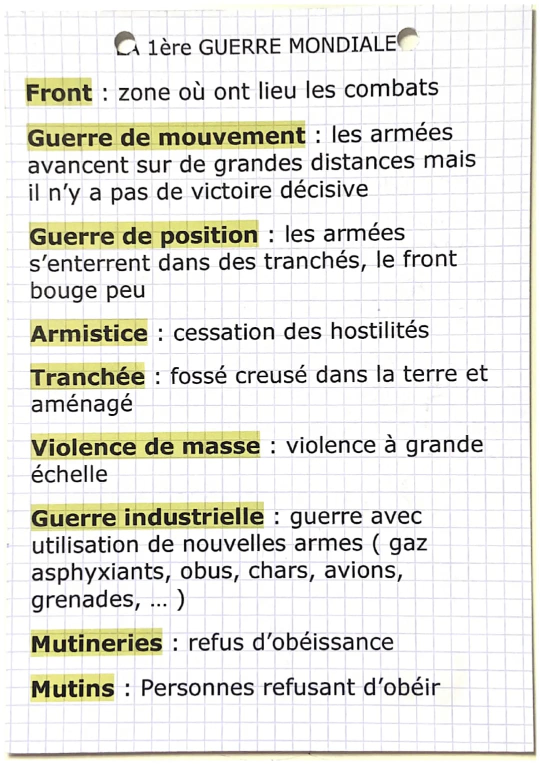 1ère GUERRE MONDIALE
Front: zone où ont lieu les combats
Guerre de mouvement : les armées
avancent sur de grandes distances mais
il n'y a pa