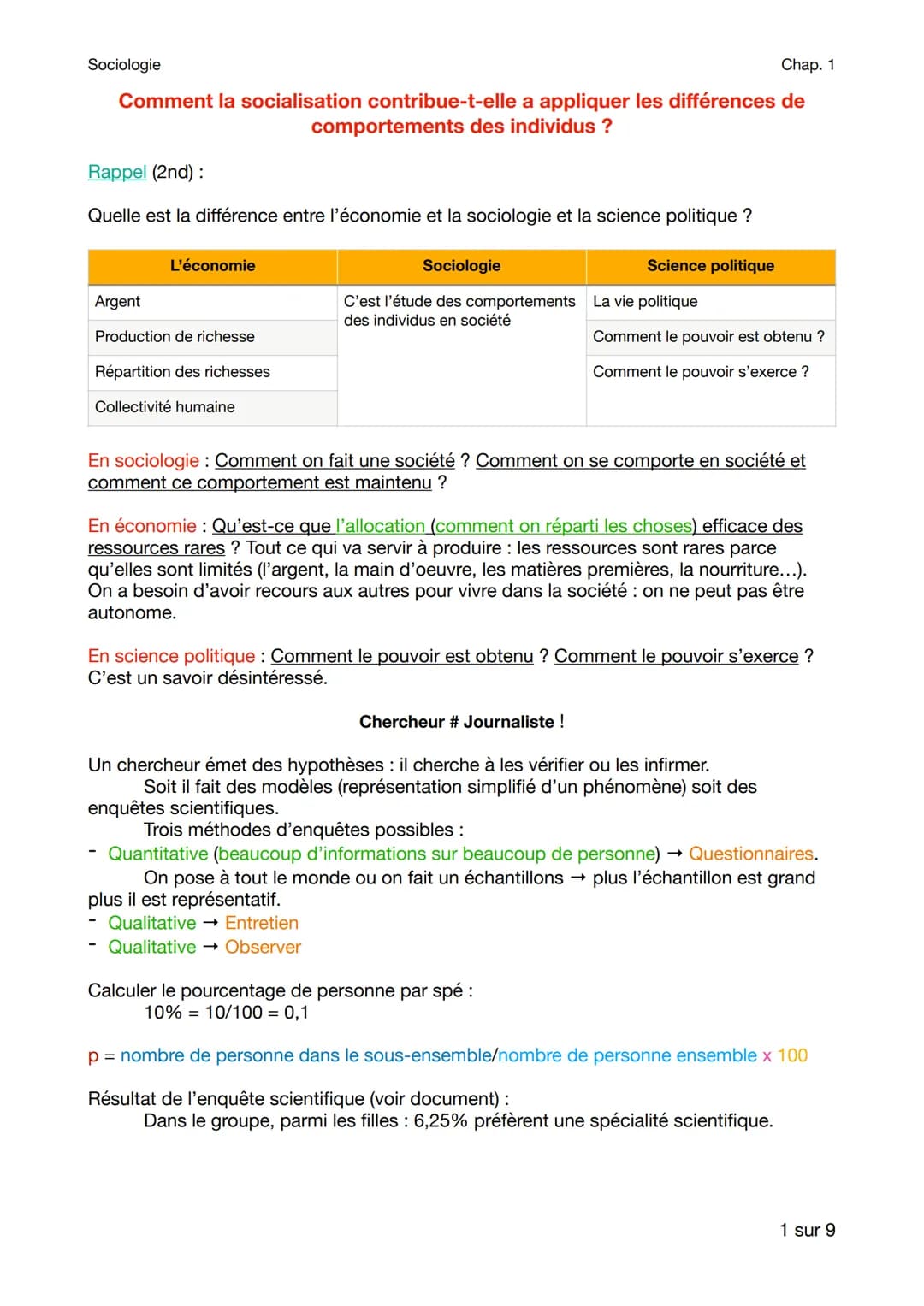 Sociologie
Chap. 1
Comment la socialisation contribue-t-elle a appliquer les différences de
comportements des individus ?
Rappel (2nd) :
Que