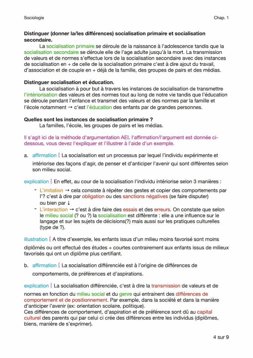 Sociologie
Chap. 1
Comment la socialisation contribue-t-elle a appliquer les différences de
comportements des individus ?
Rappel (2nd) :
Que