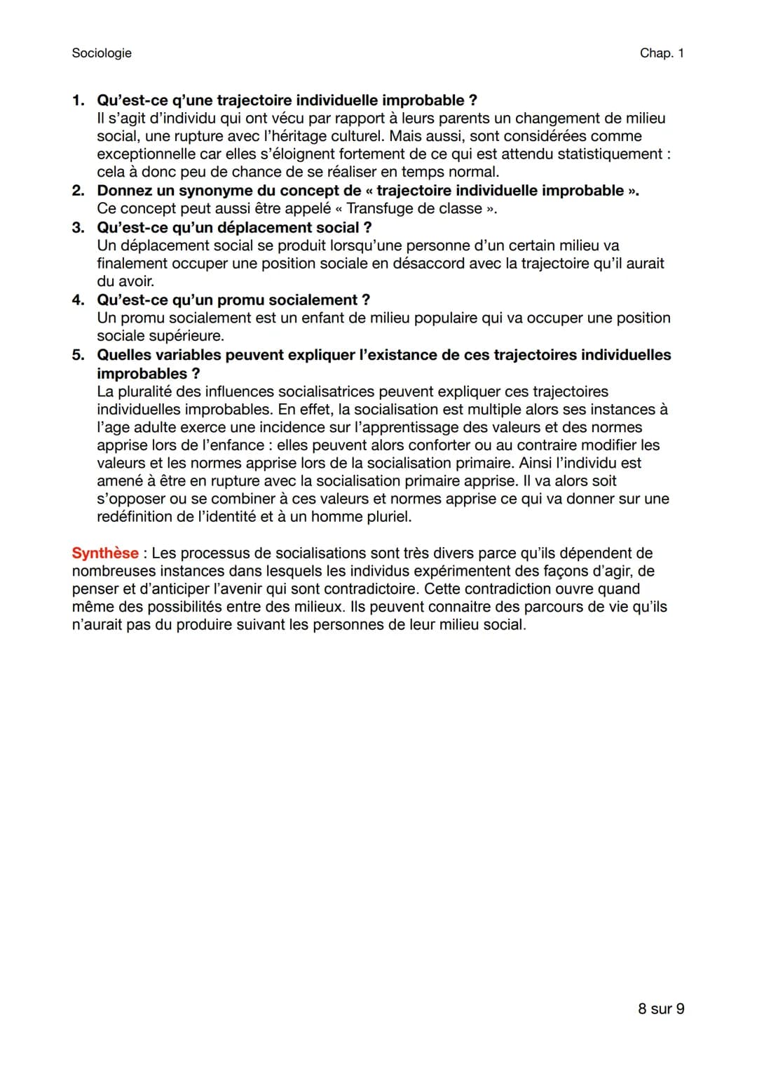 Sociologie
Chap. 1
Comment la socialisation contribue-t-elle a appliquer les différences de
comportements des individus ?
Rappel (2nd) :
Que