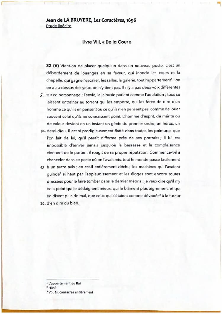 Know Etude Linéaire LA BRUYERE, Les Caractères, Livre VIII, « De la Cour », Rq 32 thumbnail