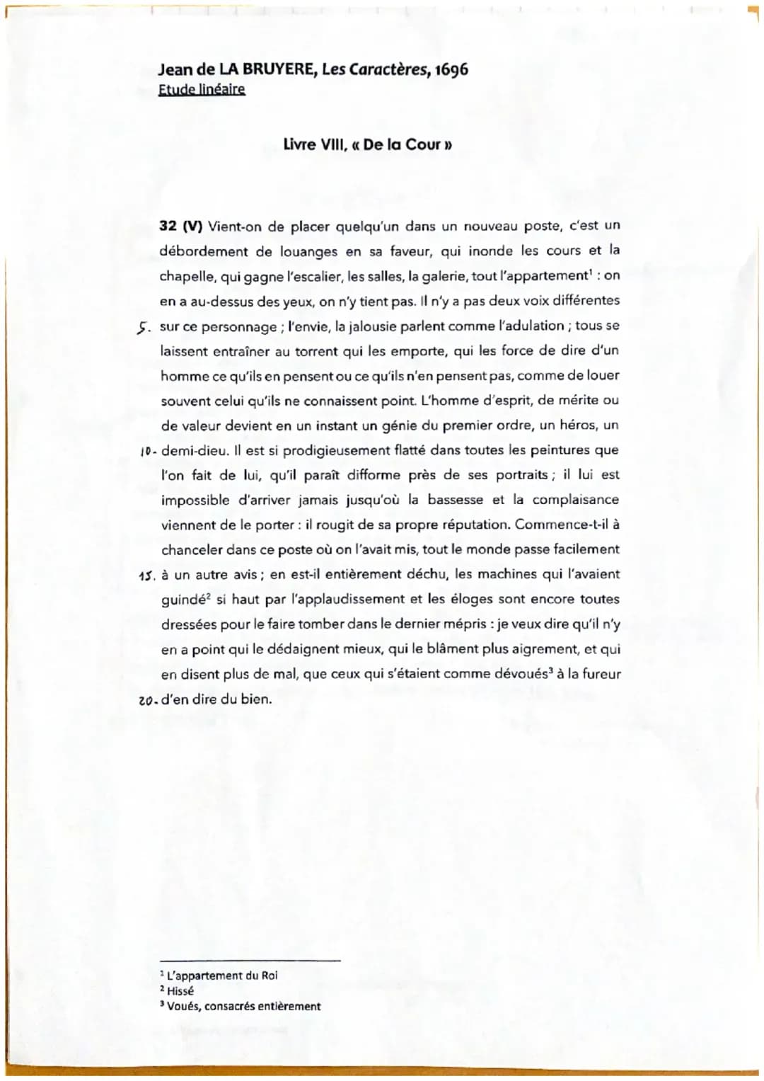 Etude Linéaire LA BRUYERE, Les Caractères, Livre VIII, « De la Cour », Rq 32