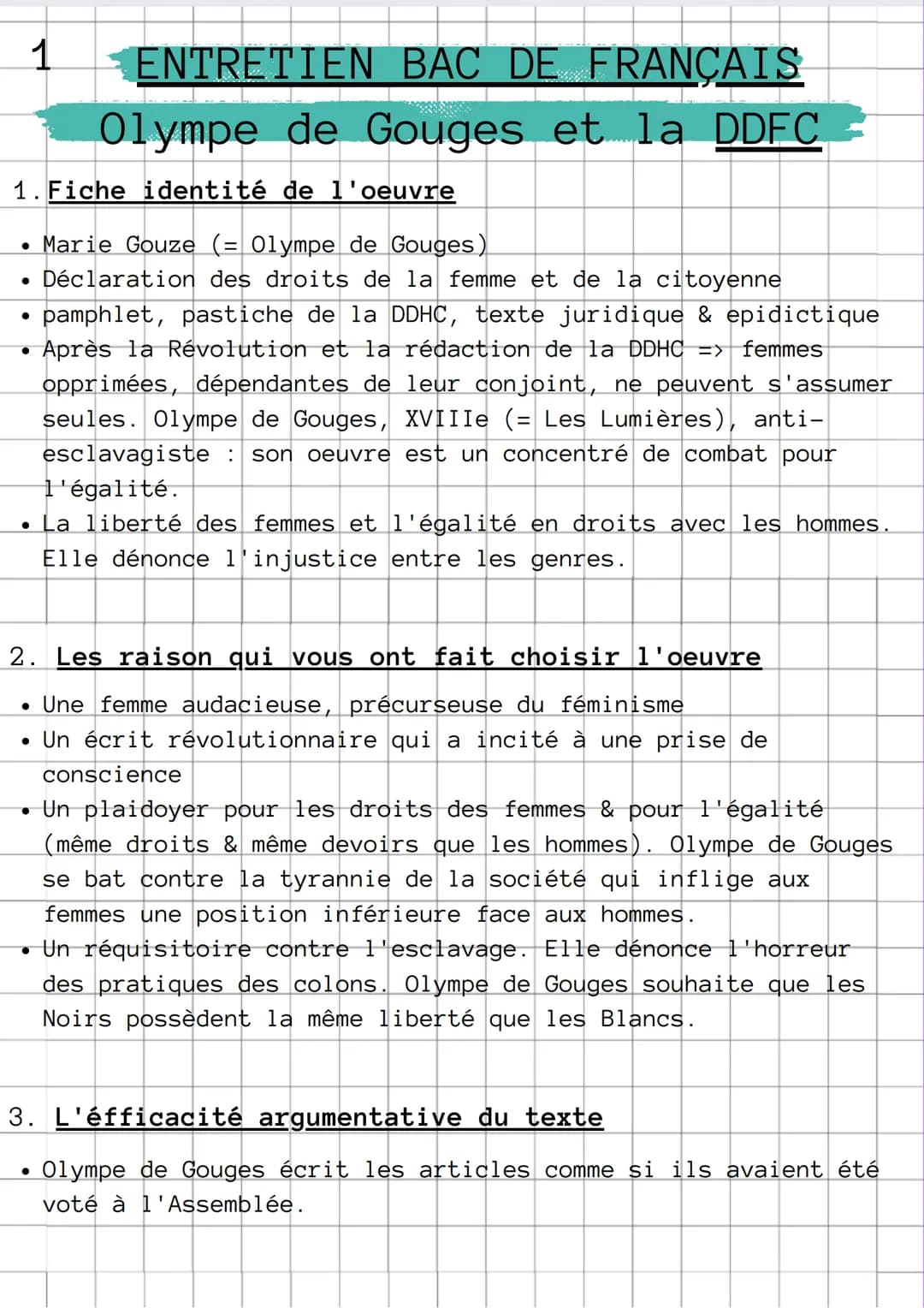 1
1. Fiche identité de l'oeuvre
●
Marie Gouze (= Olympe de Gouges)
• Déclaration des droits de la femme et de la citoyenne
• pamphlet, pasti