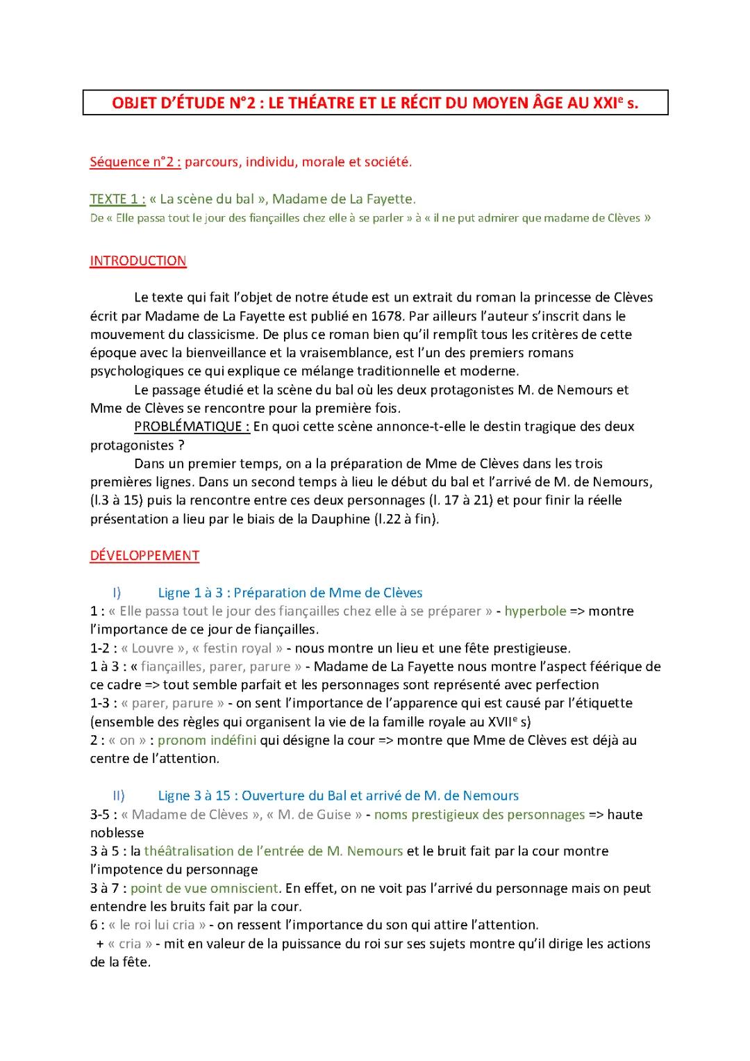 Analyse linéaire - La scène du bal - La princesse de Clèves - Madame de la Fayette 