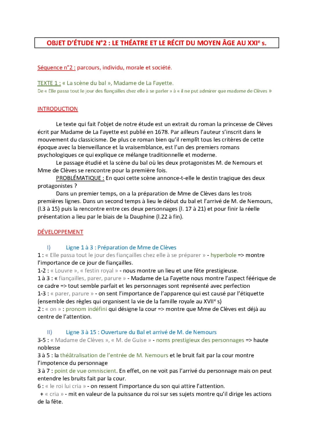 Analyse linéaire - La scène du bal - La princesse de Clèves - Madame de la Fayette 