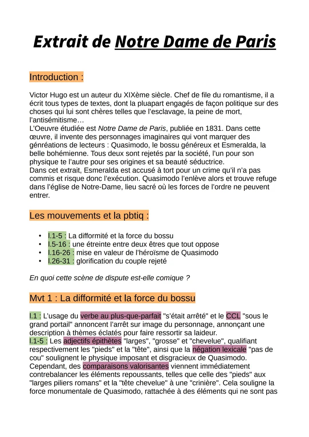 Extrait de Notre Dame de Paris
Introduction :
Victor Hugo est un auteur du XIXème siècle. Chef de file du romantisme, il a
écrit tous types 