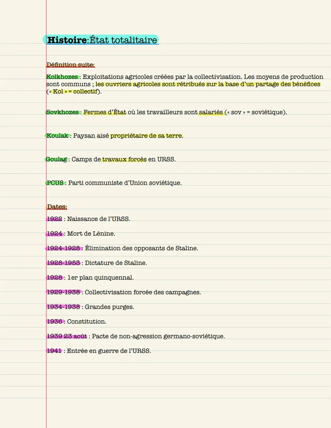 Histoire:État totalitaire
Définition suite:
Kolkhozes: Exploitations agricoles créées par la collectivisation. Les moyens de production
sont