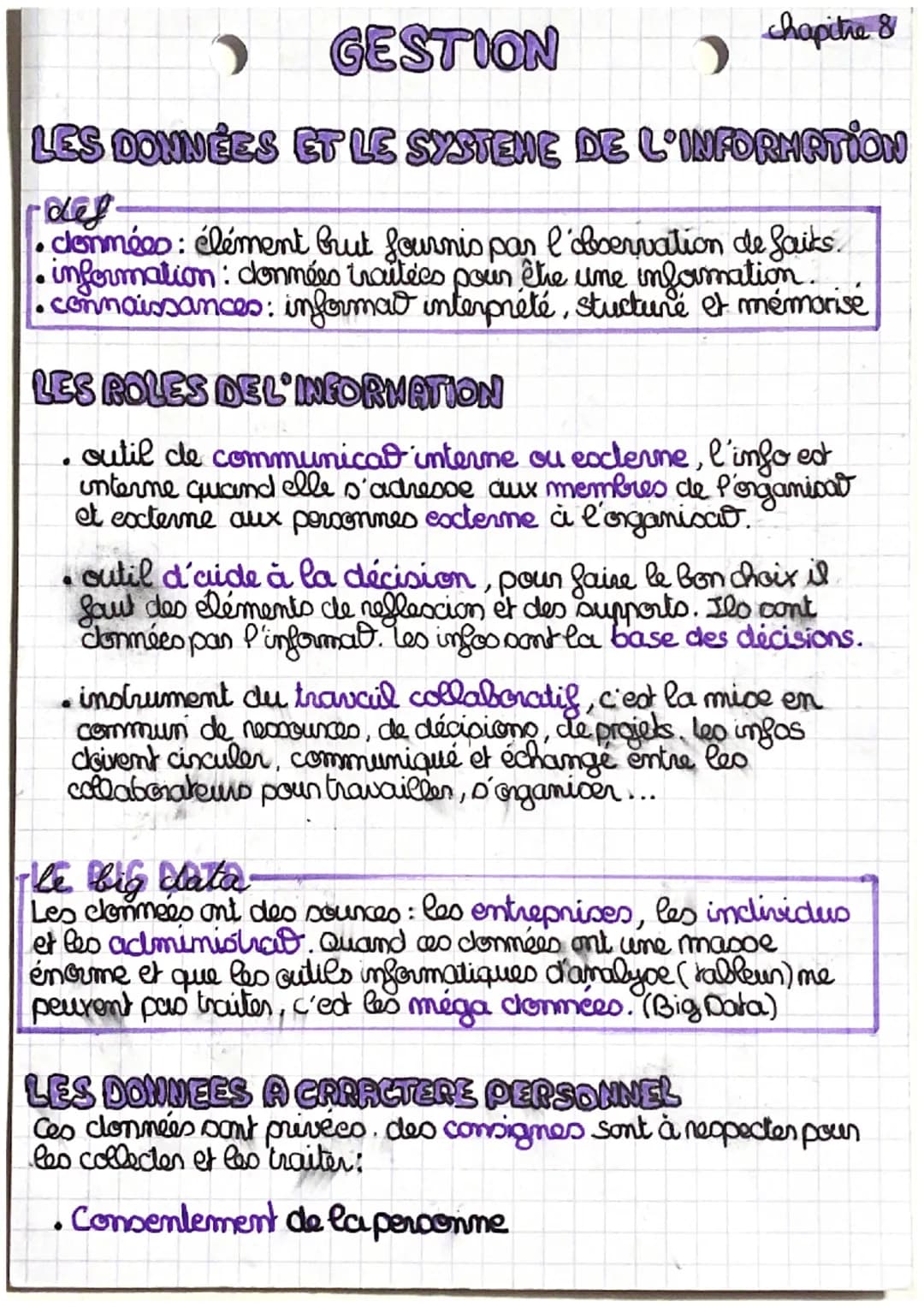 GESTION
LES DONNÉES ET LE SYSTEME DE L'INFORMATION
rder.
clemmées: élément brut fournis par l'observation de faiks.
information: données tra