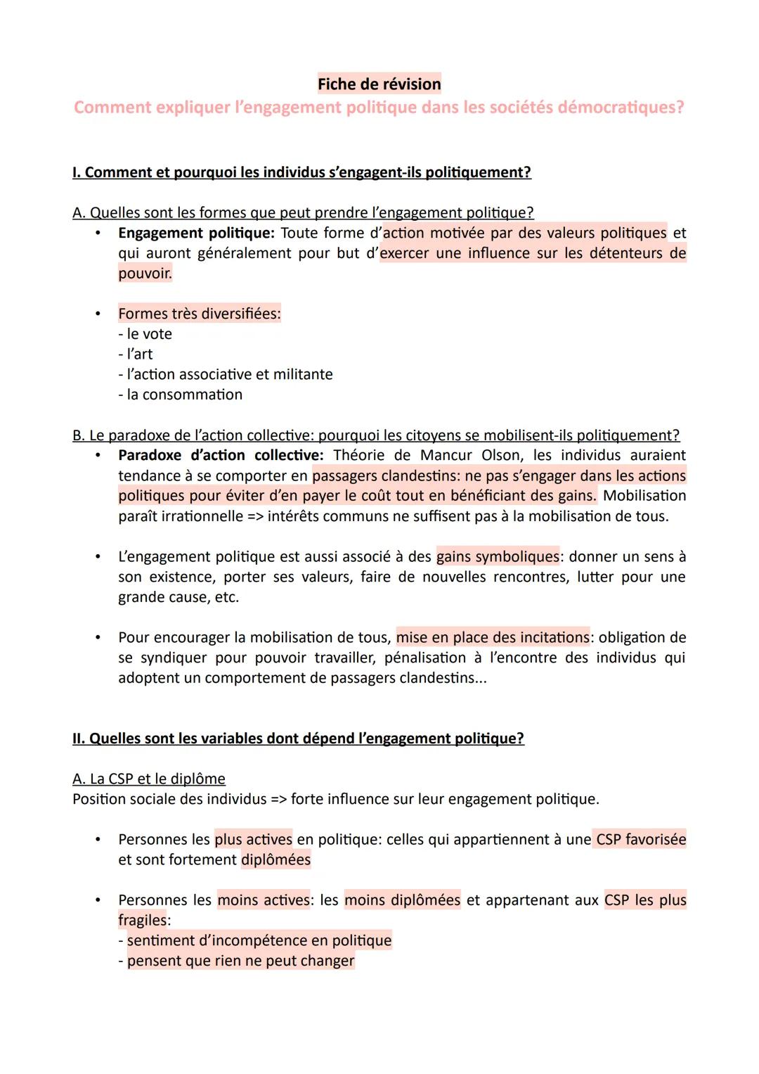 Fiche de révision
Comment expliquer l'engagement politique dans les sociétés démocratiques?
I. Comment et pourquoi les individus s'engagent-