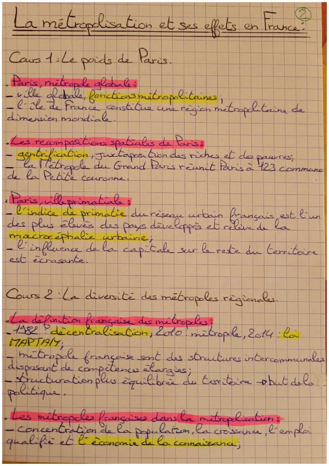 La métropolisation et ses effets en France?

Cours 1: Le poids de Paris.

• Paris, metropole glabale:
- ville globale, fonctions métropolita