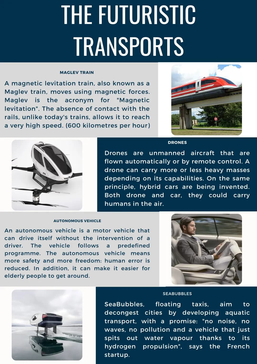 THE FUTURISTIC
TRANSPORTS
MAGLEV TRAIN
A magnetic levitation train, also known as a
Maglev train, moves using magnetic forces.
Maglev is the