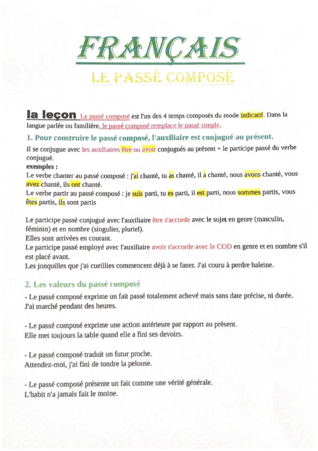 Français conjugaison du passé composé 