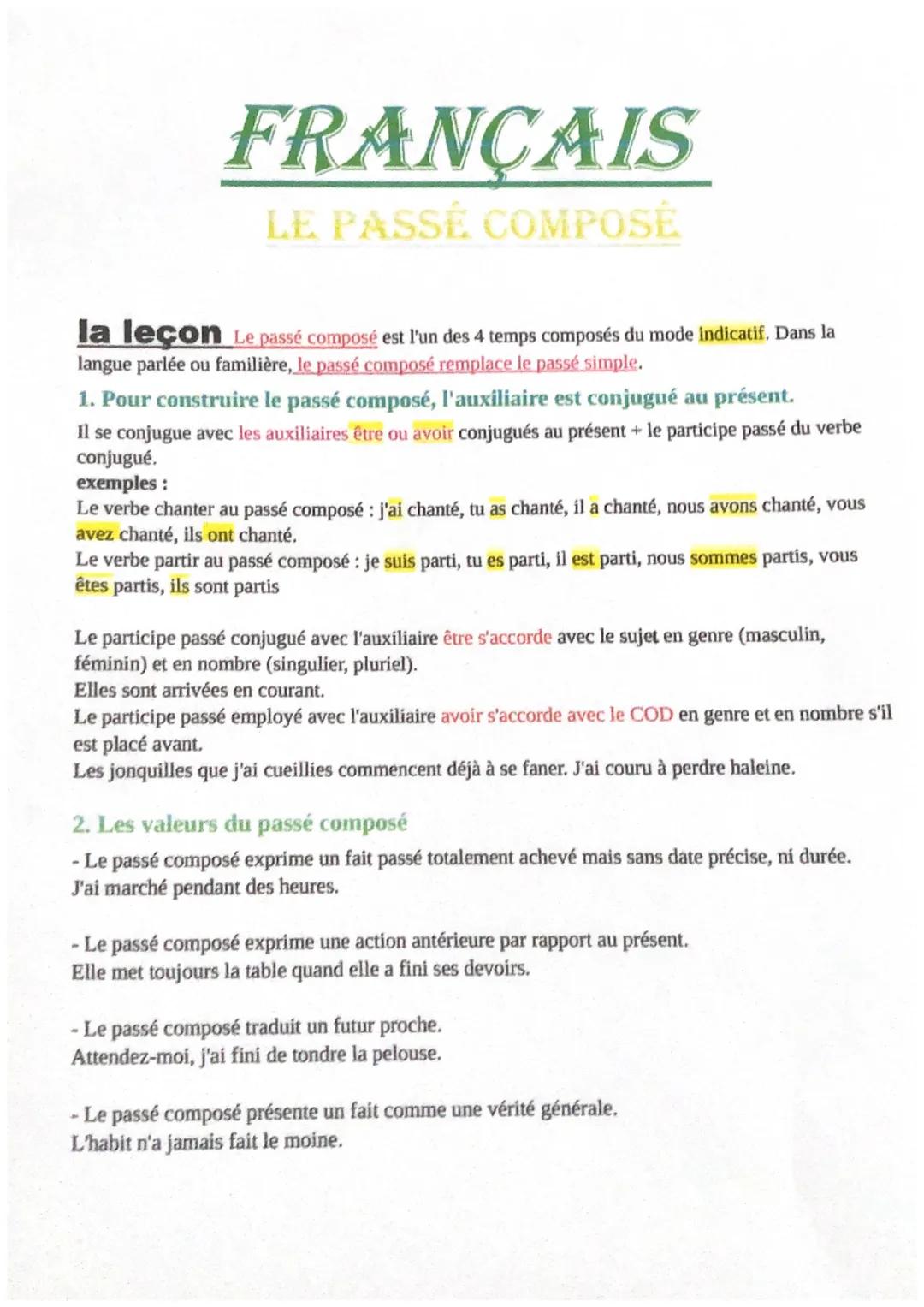 FRANÇAIS
LE PASSE COMPOSE
la leçon Le passé composé est l'un des 4 temps composés du mode indicatif. Dans la
langue parlée ou familière, le 