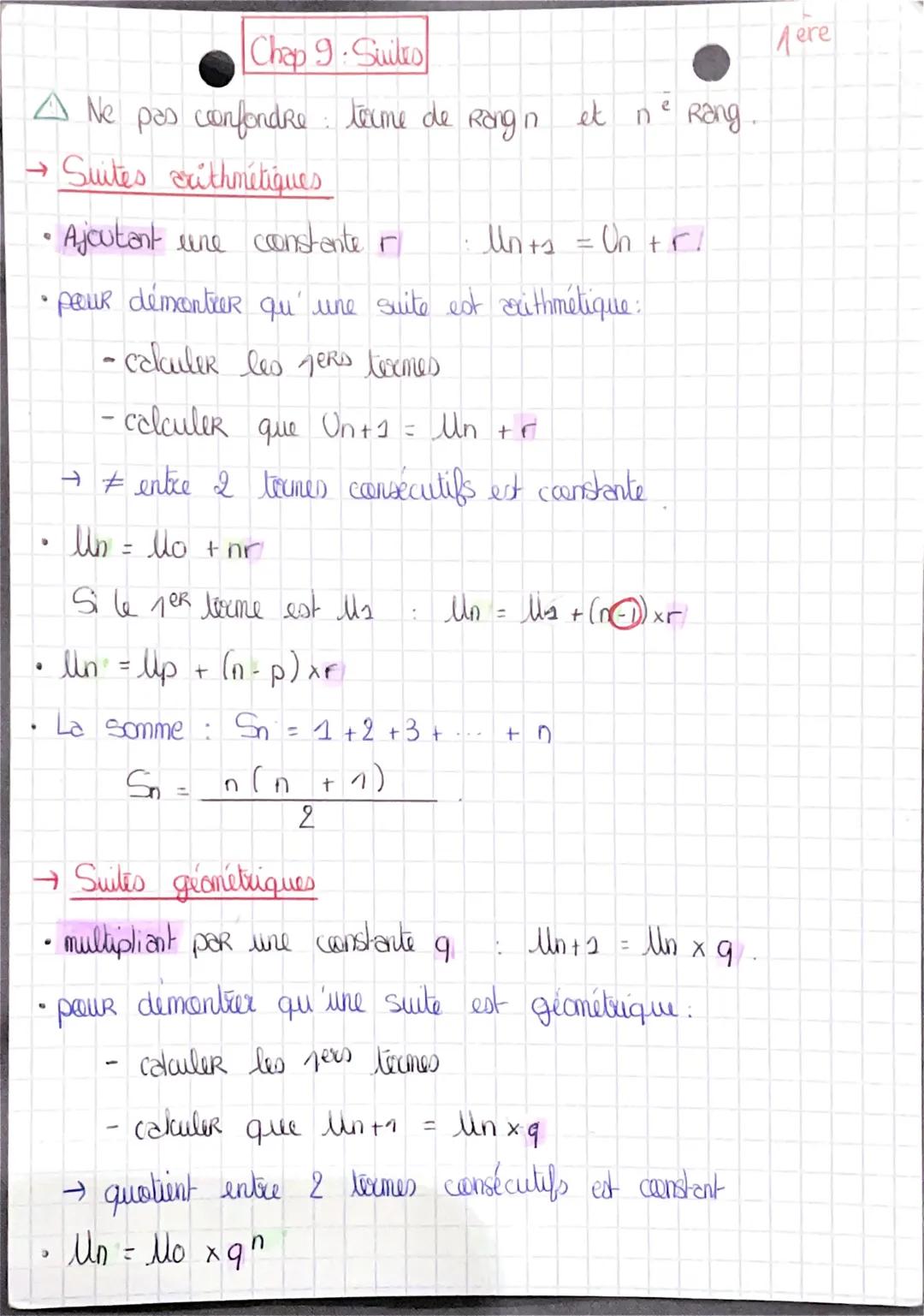 Chap 9: Suites
леге
A Ne pas confondre terme de Rangn et n° Rang.
e
Suites crithmétiques
Ajoutant une constante r
• pour démontrer qu'une su