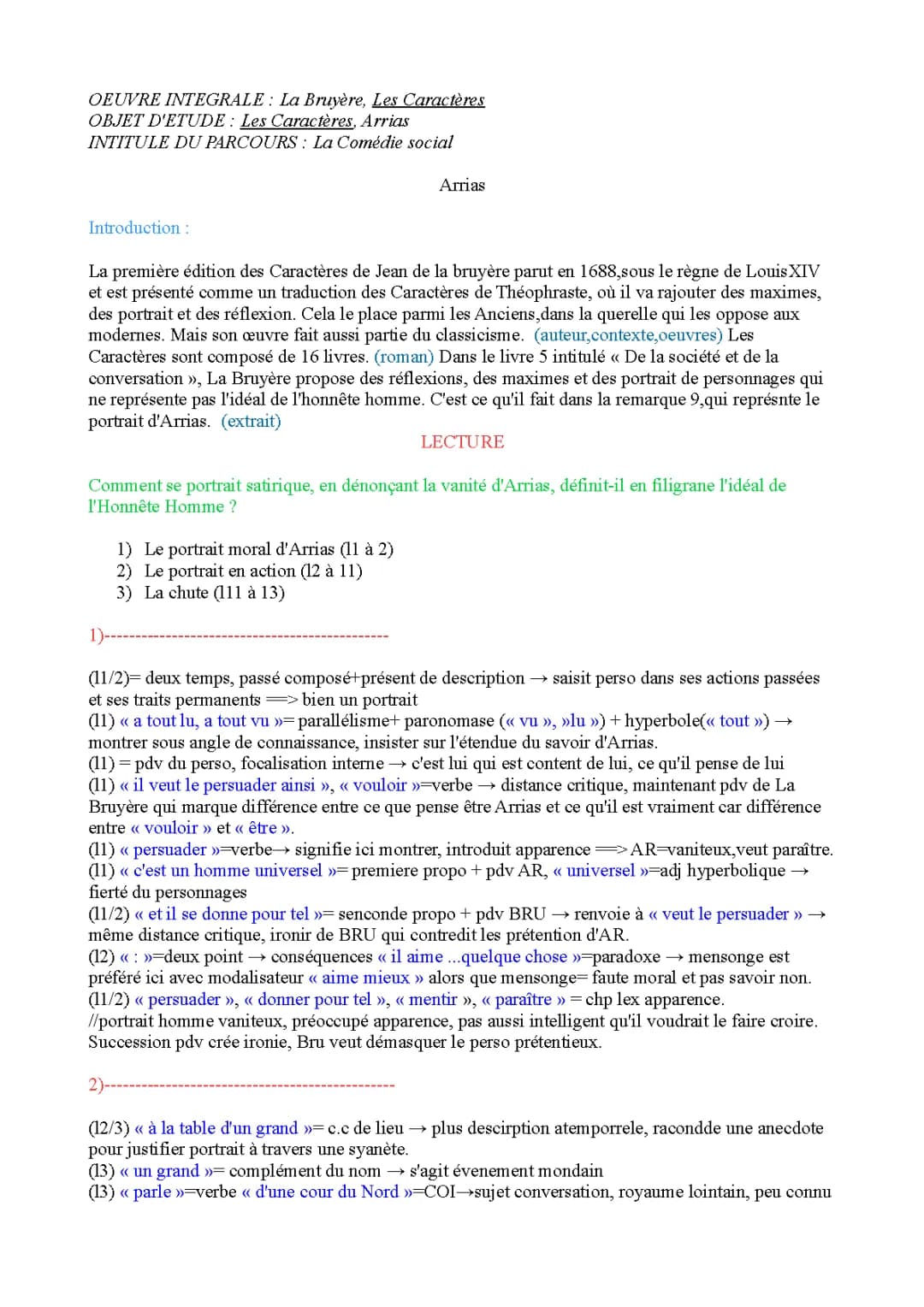 Analyse Linéaire : Arrias dans Les Caractères de La Bruyère (Remarque 9, Livre 5)