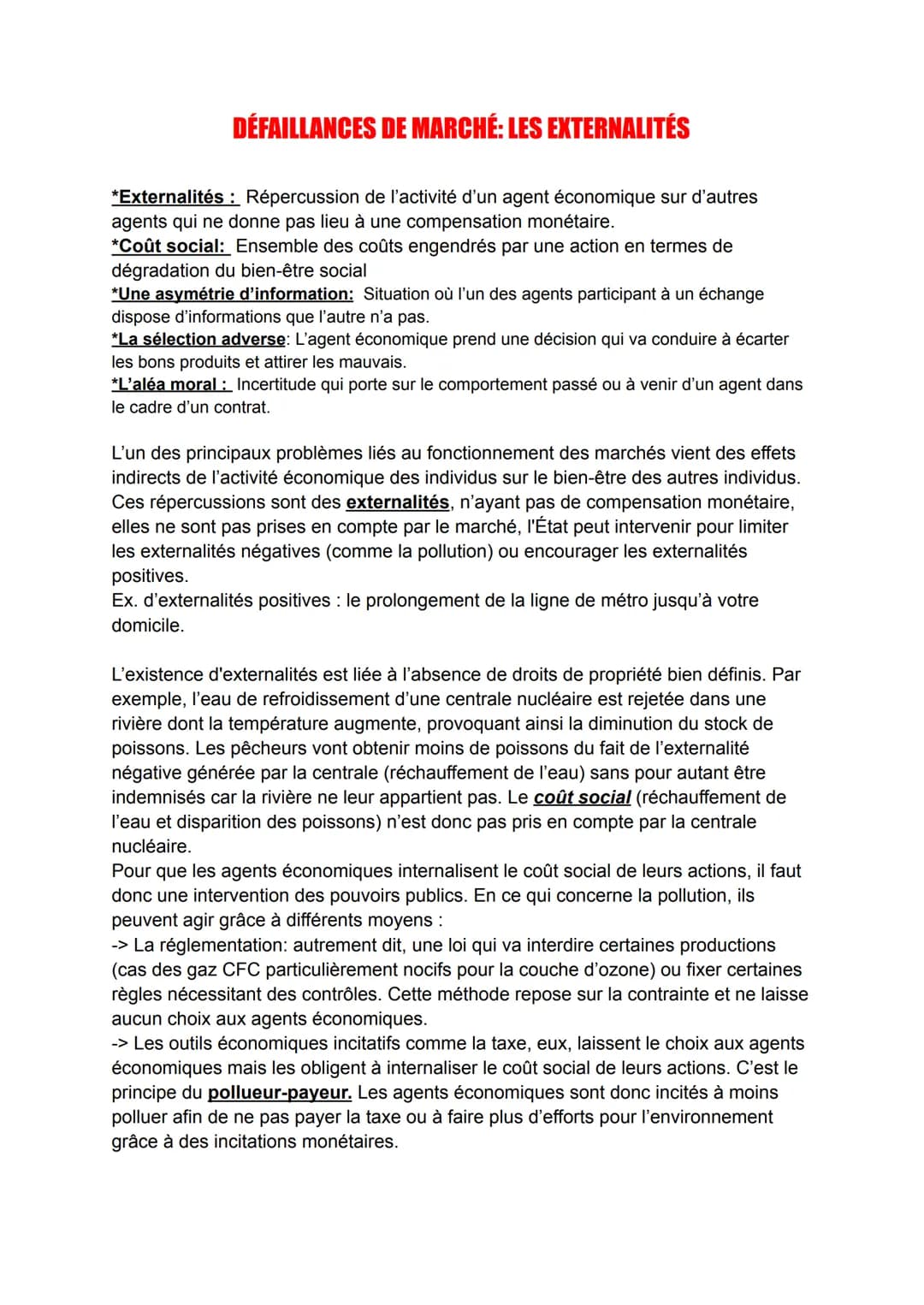 DÉFAILLANCES DE MARCHÉ: LES EXTERNALITÉS
*Externalités : Répercussion de l'activité d'un agent économique sur d'autres
agents qui ne donne p